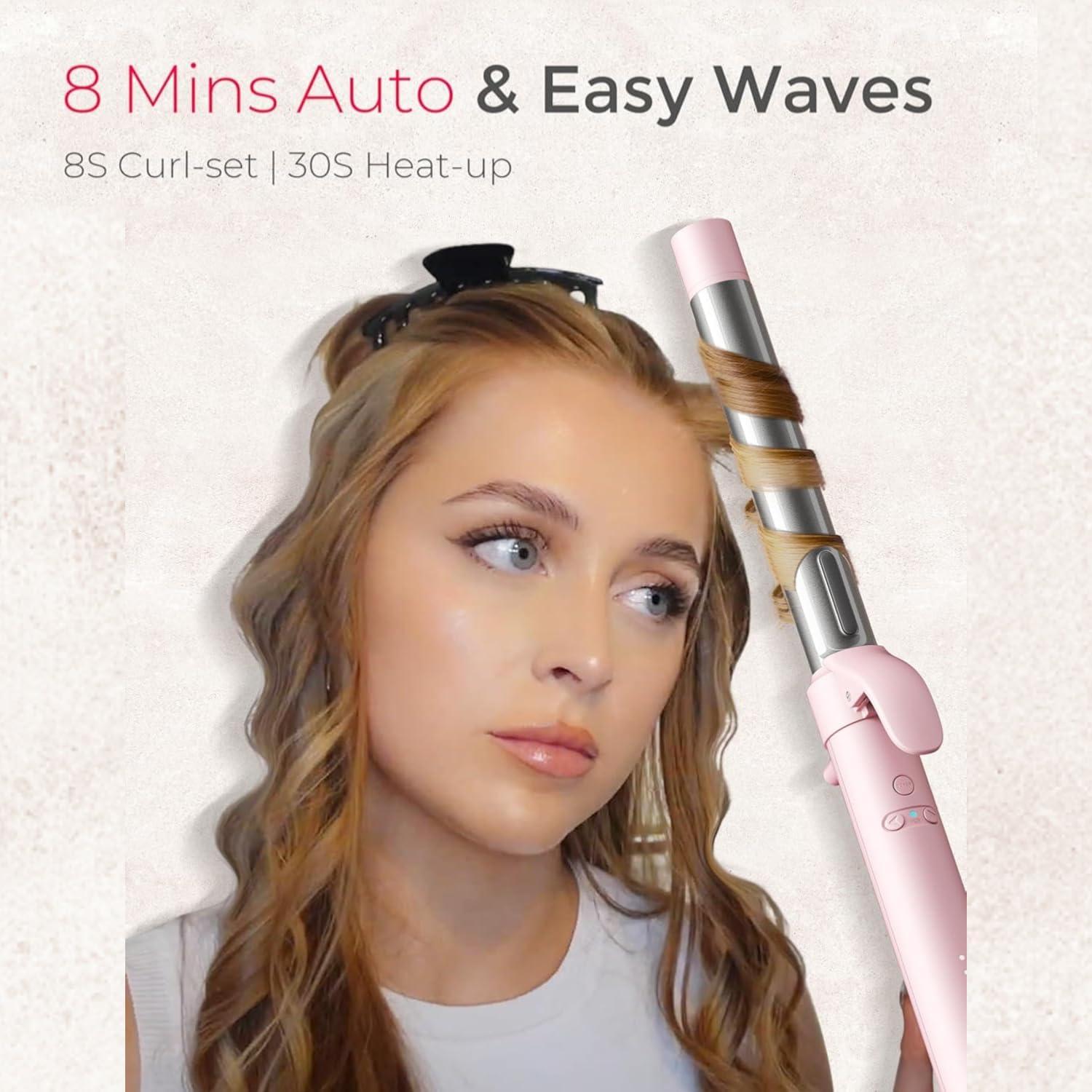 Rotating Automatic Curling Iron for Beach Waves – TYMO Curling Wand for Long Hair, Extra Long Barrel Ceramic Hair Curler for Women, 40M Ionic & Dual Voltage, 5 Temps & 30s Heat-up, 1.25 Inch, Pink(Pink)