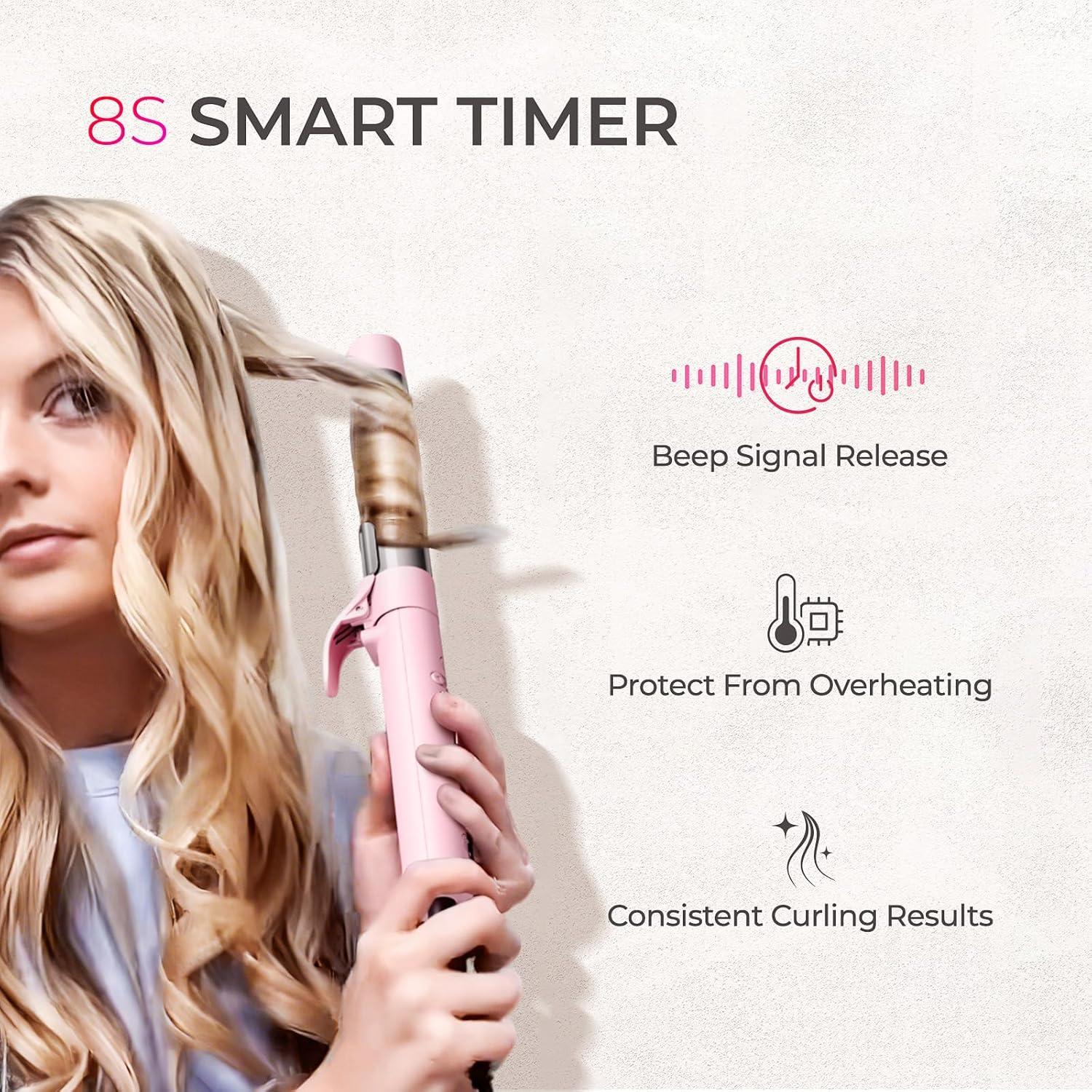 Rotating Automatic Curling Iron for Beach Waves – TYMO Curling Wand for Long Hair, Extra Long Barrel Ceramic Hair Curler for Women, 40M Ionic & Dual Voltage, 5 Temps & 30s Heat-up, 1.25 Inch, Pink(Pink)