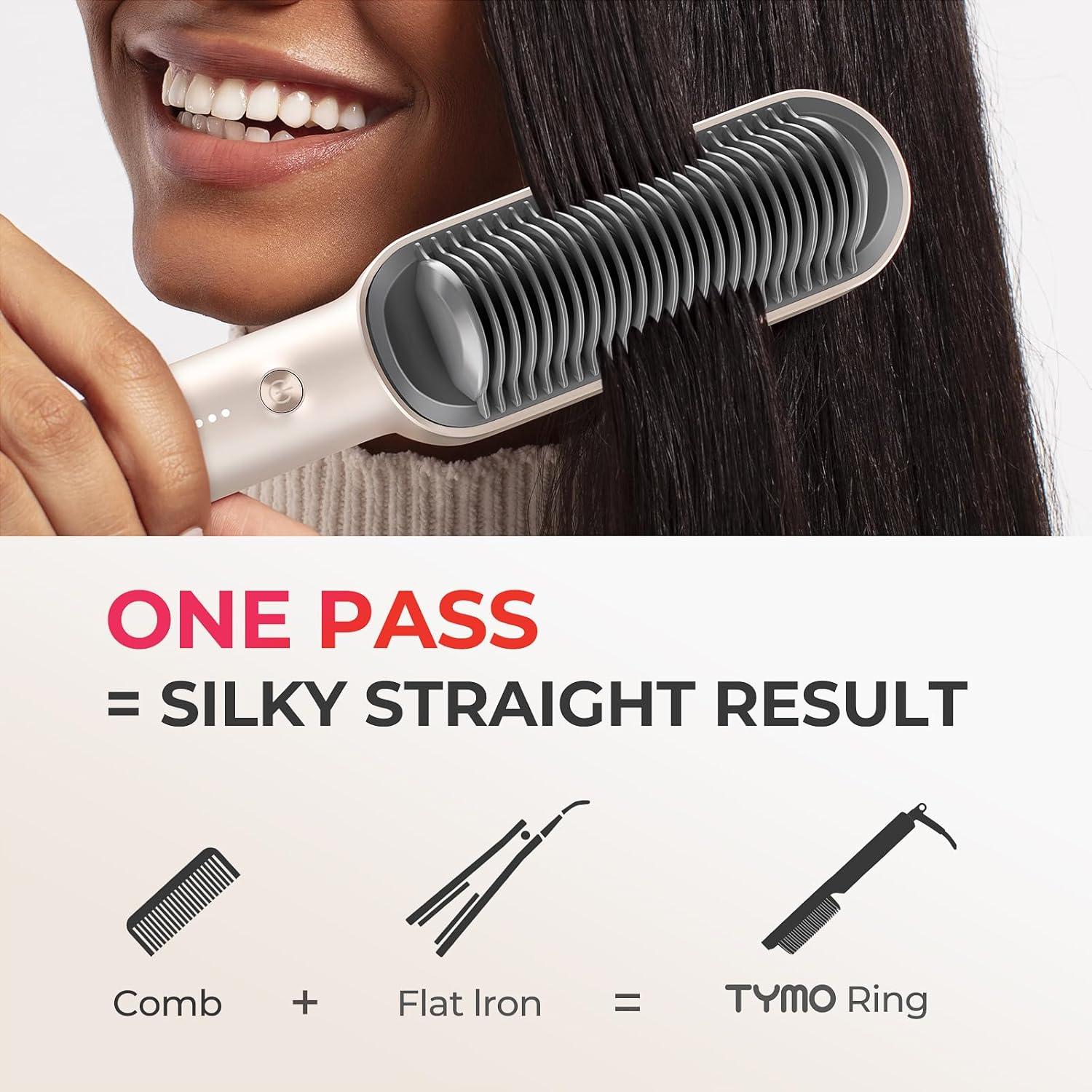 Hair Straightener Brush, TYMO Ring Hair Straightener Comb Straightening Brush for Women with 5 Temps 20s Fast Heating & Dual Voltage, Black(Elegant Gold)