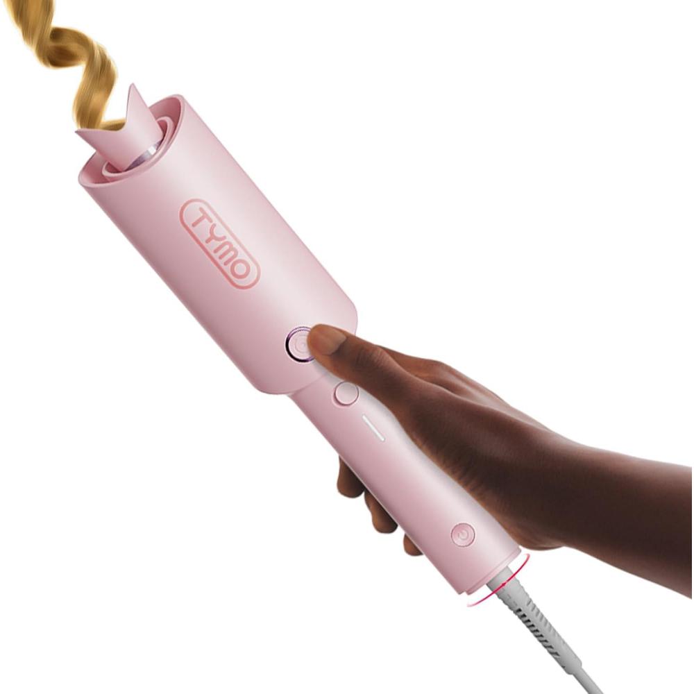 TYMO Automatic Rotating Curling Iron – TYMO CURLPRO Beach Waves Curling Wand, Portable Hair Curler, 500 Million Ionic, Dual Voltage & Lightweight for Travel, Ceramic Coating, 1 Inch, Metallic Gray(Pink)