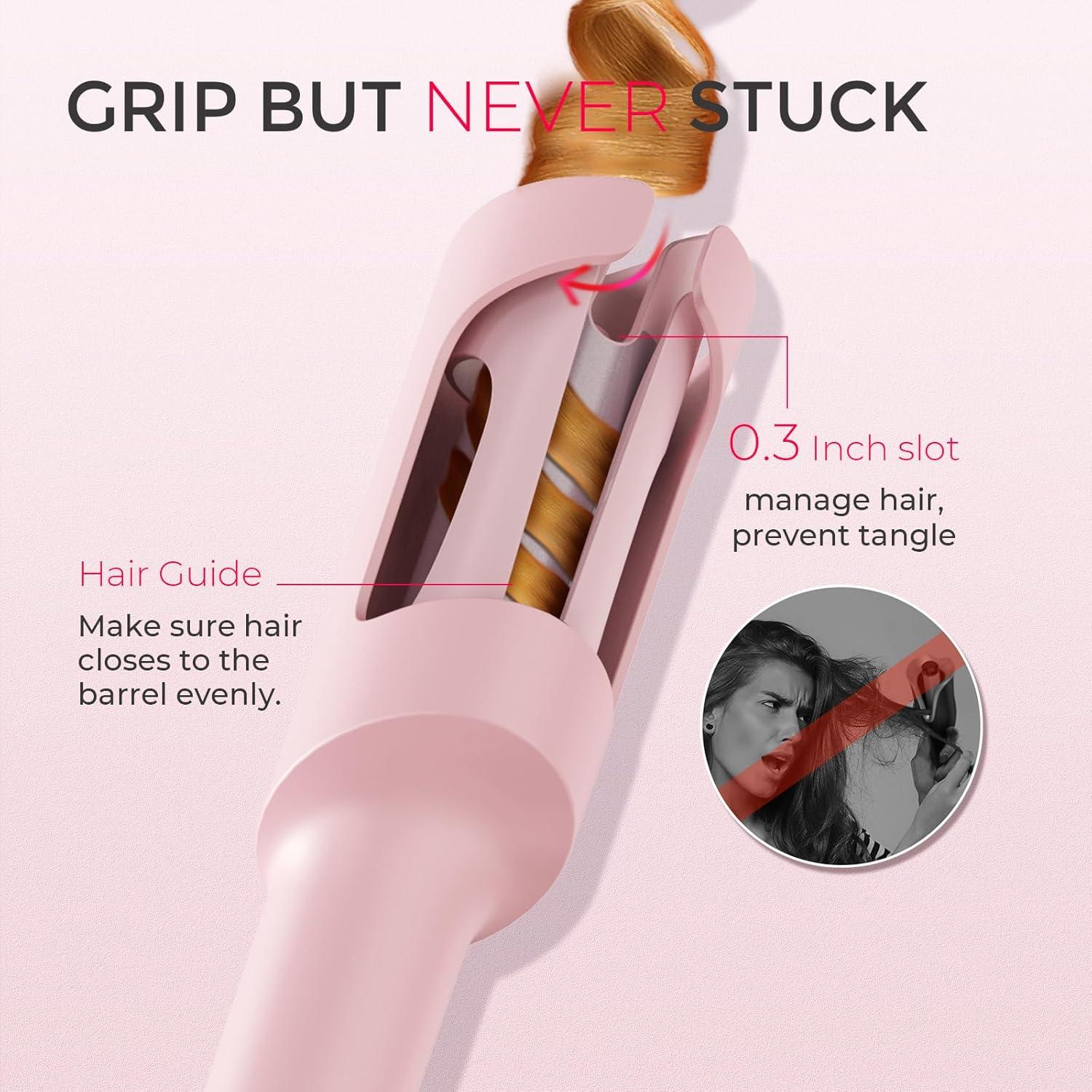 TYMO Automatic Rotating Curling Iron – TYMO CURLPRO Beach Waves Curling Wand, Portable Hair Curler, 500 Million Ionic, Dual Voltage & Lightweight for Travel, Ceramic Coating, 1 Inch, Metallic Gray(Pink)