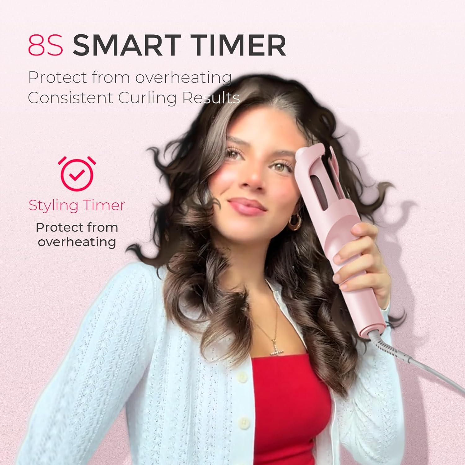TYMO Automatic Rotating Curling Iron – TYMO CURLPRO Beach Waves Curling Wand, Portable Hair Curler, 500 Million Ionic, Dual Voltage & Lightweight for Travel, Ceramic Coating, 1 Inch, Metallic Gray(Pink)