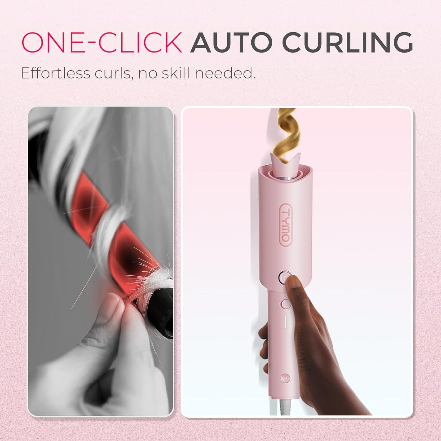 TYMO Automatic Rotating Curling Iron – TYMO CURLPRO Beach Waves Curling Wand, Portable Hair Curler, 500 Million Ionic, Dual Voltage & Lightweight for Travel, Ceramic Coating, 1 Inch, Metallic Gray(Pink)