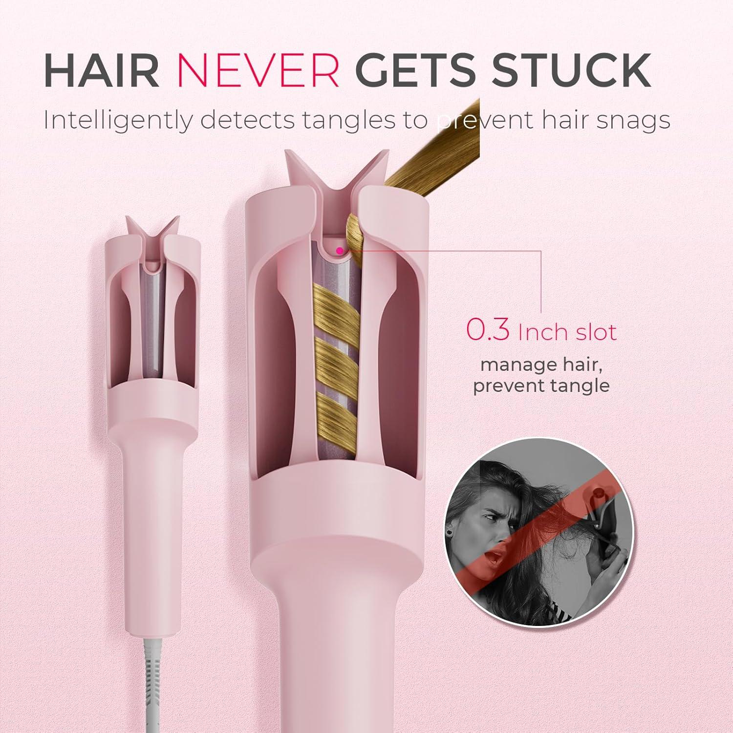 TYMO Automatic Rotating Curling Iron – TYMO CURLPRO Beach Waves Curling Wand, Portable Hair Curler, 500 Million Ionic, Dual Voltage & Lightweight for Travel, Ceramic Coating, 1 Inch, Metallic Gray(Pink)
