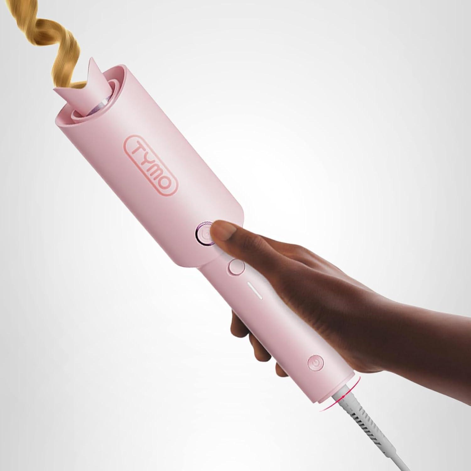 TYMO Automatic Rotating Curling Iron – TYMO CURLPRO Beach Waves Curling Wand, Portable Hair Curler, 500 Million Ionic, Dual Voltage & Lightweight for Travel, Ceramic Coating, 1 Inch, Metallic Gray(Pink)