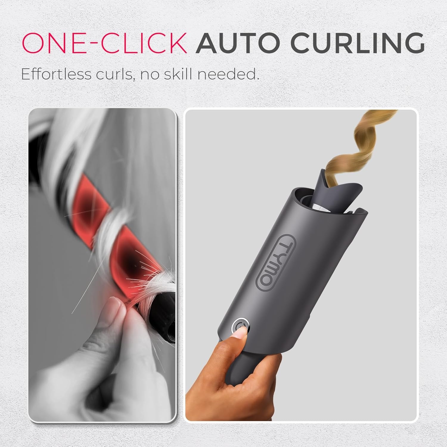 TYMO Automatic Rotating Curling Iron – TYMO CURLPRO Beach Waves Curling Wand, Portable Hair Curler, 500 Million Ionic, Dual Voltage & Lightweight for Travel, Ceramic Coating, 1 Inch, Rose Gold(Metallic Gray)