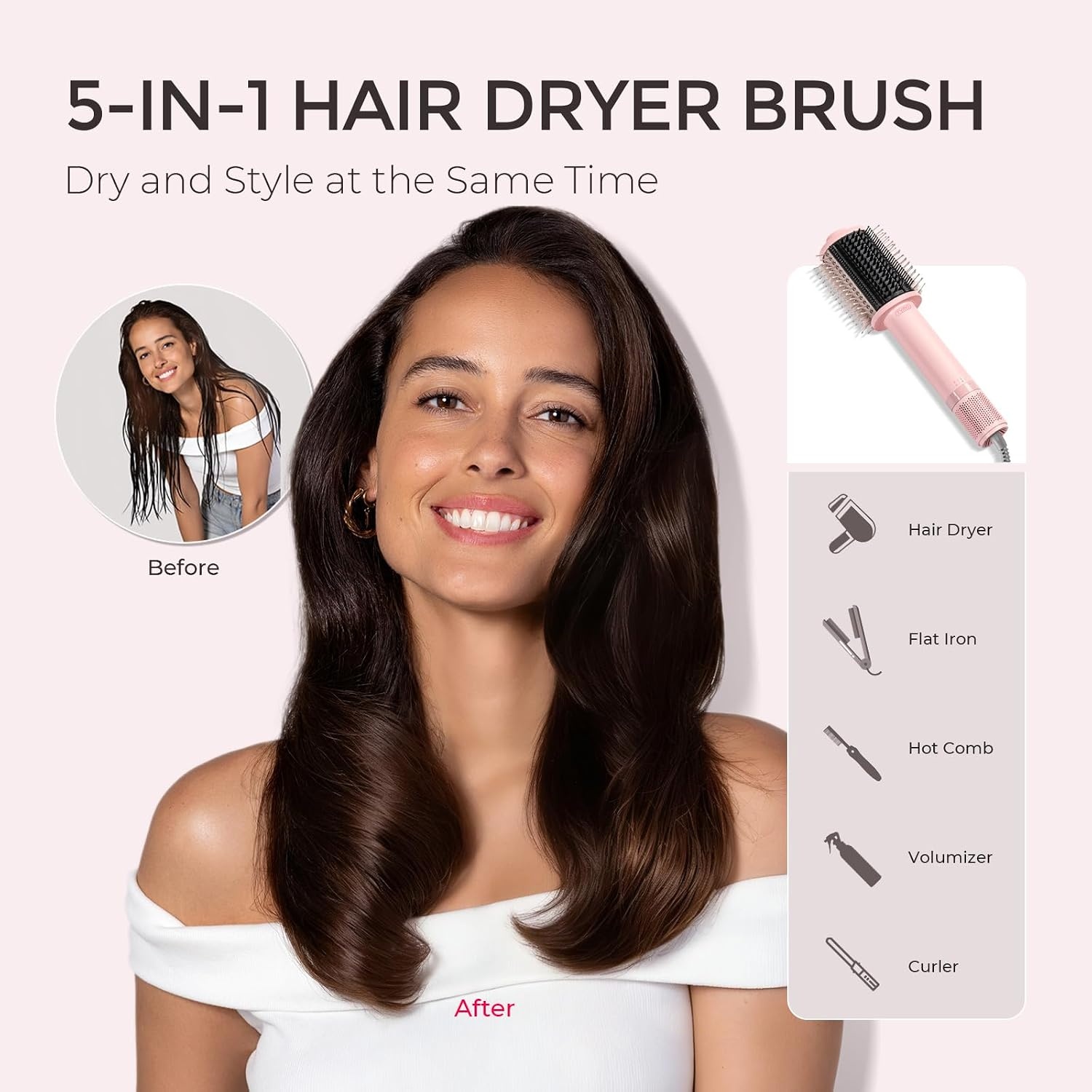 TYMO 4.0 Hair Blow Dryer Brush – Lightweight 3X Faster Drying 5-in-1 Ionic Blowout Hair Dryer Brush Adds Shine, Volume & Fullness for Smooth, Anti-Frizz Straight, Curl & Blowout Styles, Gold(Pink)