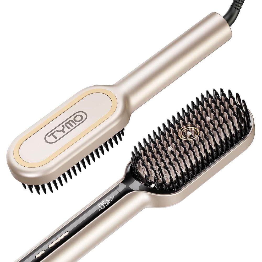 TYMO Hair Straightener Brush – Upgraded Ionic Plus Straightening Brush with Dense Bristles, 16 Temps, Dual Voltage | Ceramic Hot Comb for Women | Flat Iron for Thick Curly Hair, Black(Gold)