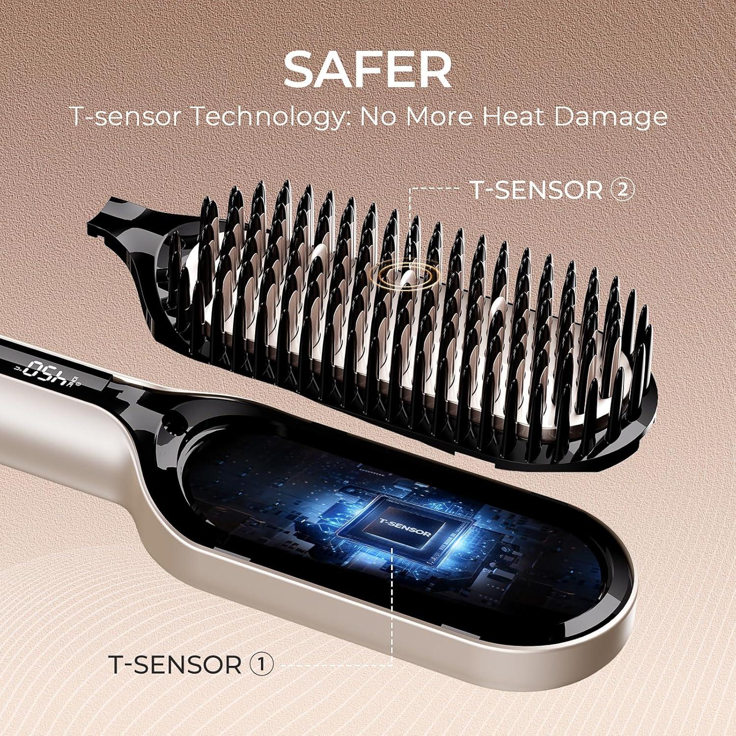 TYMO Hair Straightener Brush – Upgraded Ionic Plus Straightening Brush with Dense Bristles, 16 Temps, Dual Voltage | Ceramic Hot Comb for Women | Flat Iron for Thick Curly Hair, Black(Gold)