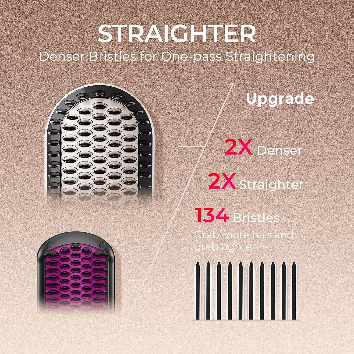 TYMO Hair Straightener Brush – Upgraded Ionic Plus Straightening Brush with Dense Bristles, 16 Temps, Dual Voltage | Ceramic Hot Comb for Women | Flat Iron for Thick Curly Hair, Black(Gold)