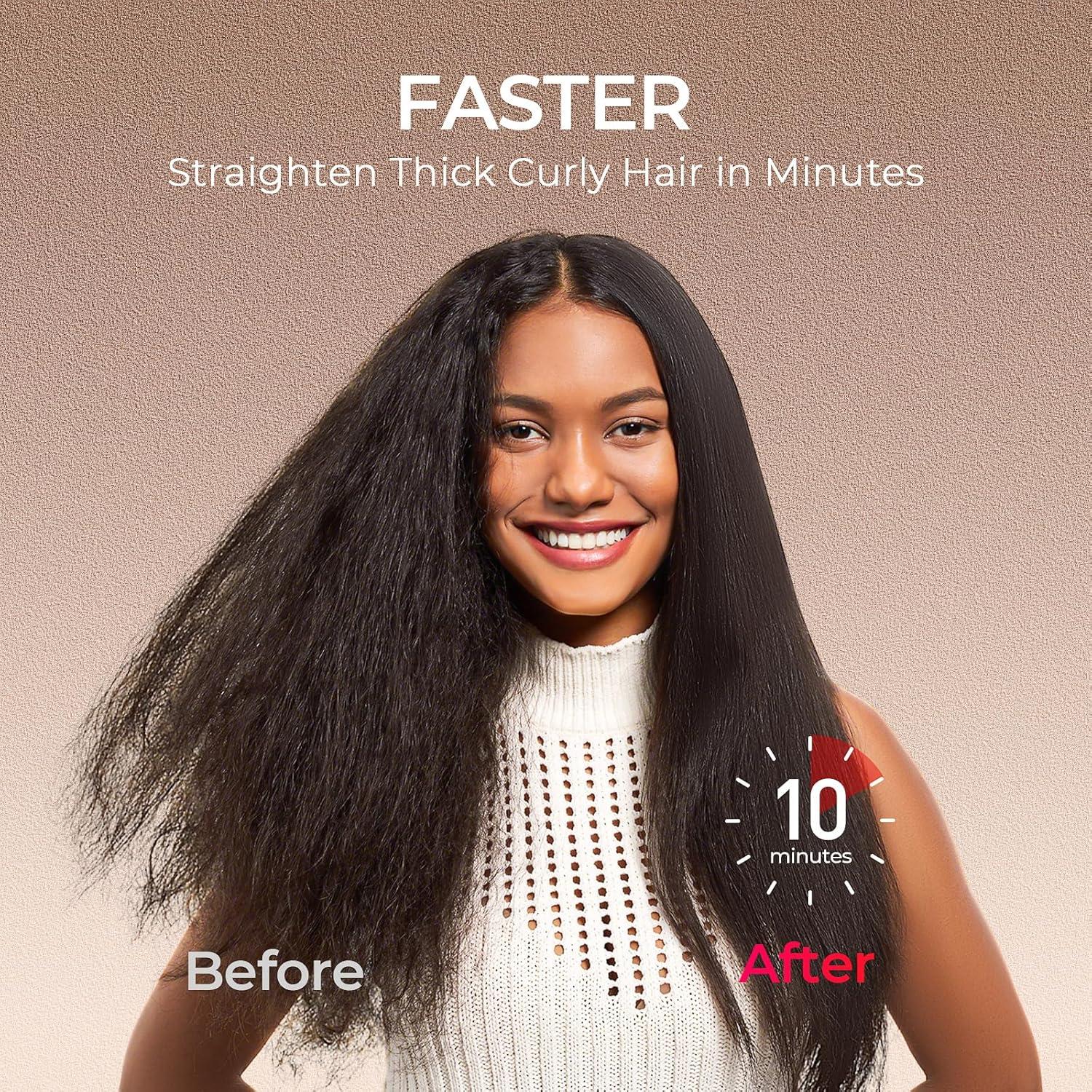 TYMO Hair Straightener Brush – Upgraded Ionic Plus Straightening Brush with Dense Bristles, 16 Temps, Dual Voltage | Ceramic Hot Comb for Women | Flat Iron for Thick Curly Hair, Black(Gold)