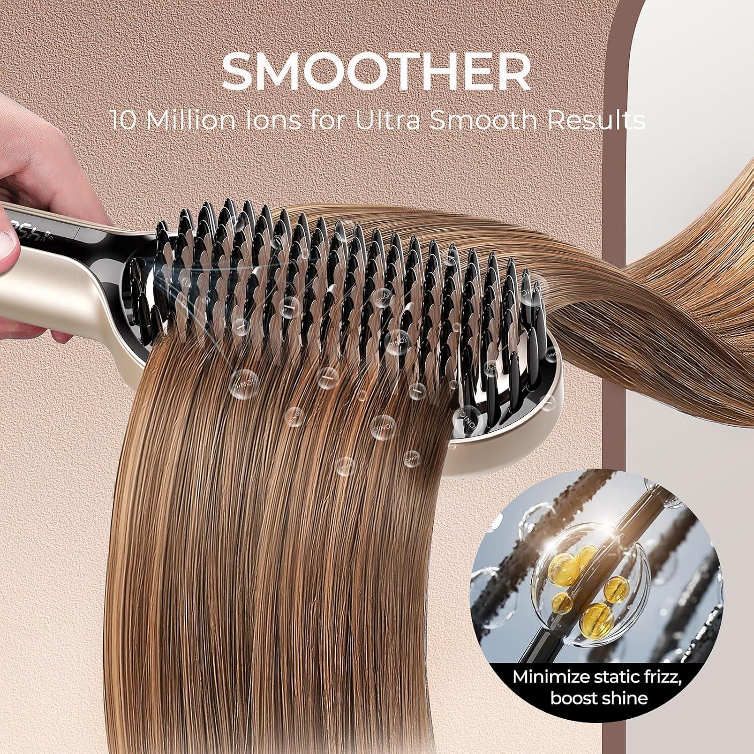 TYMO Hair Straightener Brush – Upgraded Ionic Plus Straightening Brush with Dense Bristles, 16 Temps, Dual Voltage | Ceramic Hot Comb for Women | Flat Iron for Thick Curly Hair, Black(Gold)