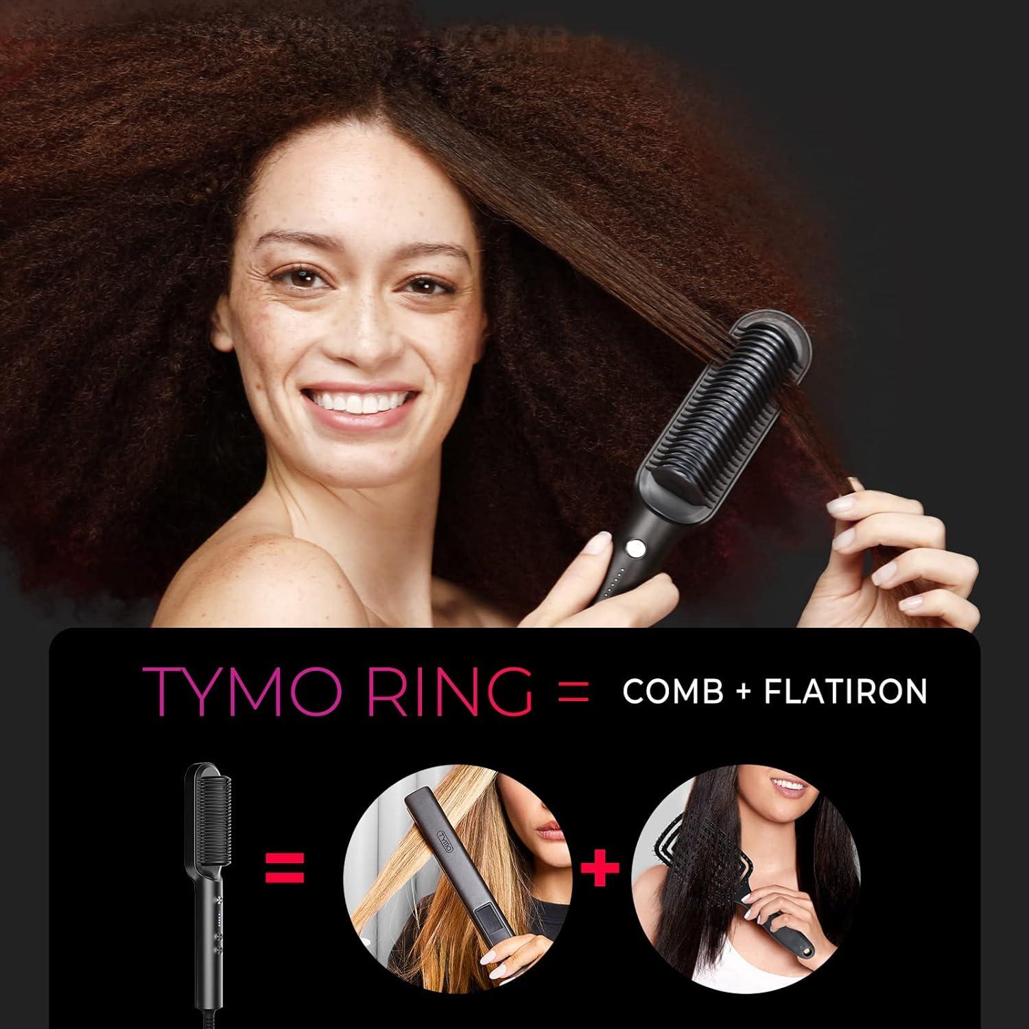 Hair Straightener Brush, TYMO Ring Hair Straightener Comb Straightening Brush for Women with 5 Temps 20s Fast Heating & Dual Voltage, Black(Black)