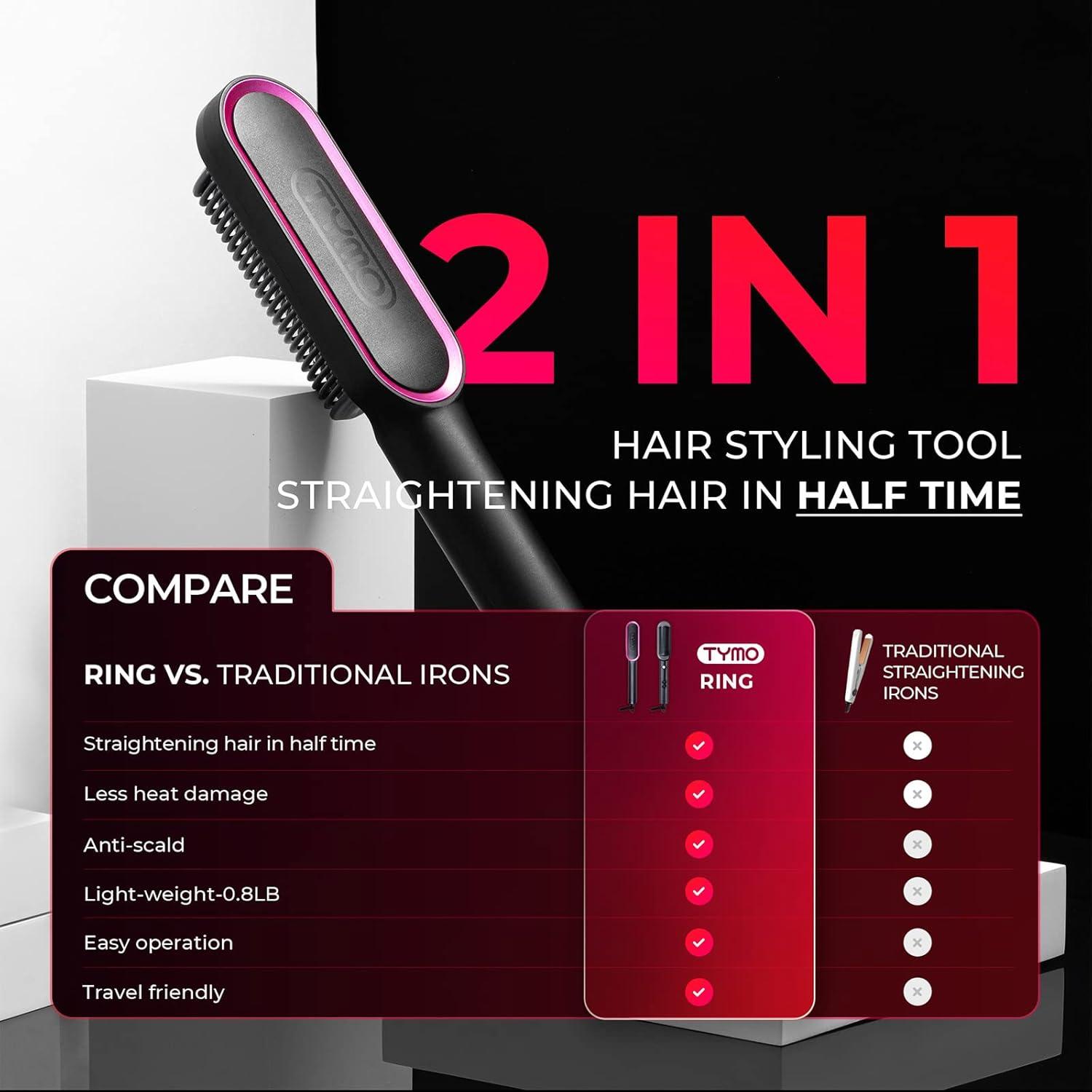 Hair Straightener Brush, TYMO Ring Hair Straightener Comb Straightening Brush for Women with 5 Temps 20s Fast Heating & Dual Voltage, Black(Black)