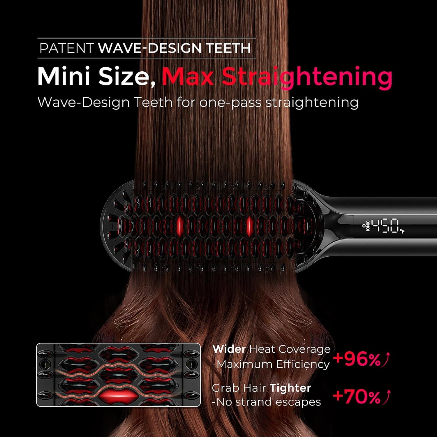 TYMO Hair Straightener Brush – Upgraded Ionic Compact Straightening Brush for Women with Wave-Design Bristles, Fast, Smooth Styling, Lightweight Hot Comb & Travel Flat Iron, 1 Billion Ions, Black(Black)