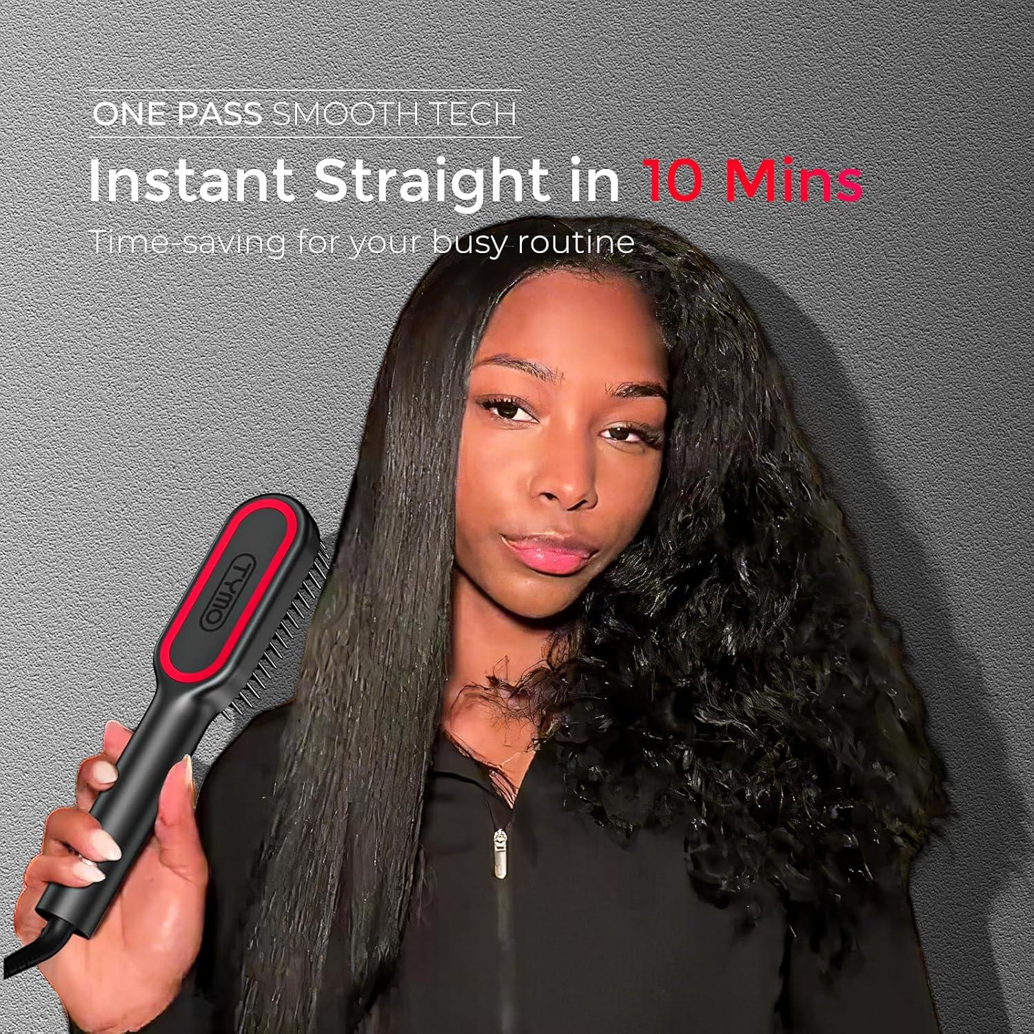 TYMO Hair Straightener Brush – Upgraded Ionic Compact Straightening Brush for Women with Wave-Design Bristles, Fast, Smooth Styling, Lightweight Hot Comb & Travel Flat Iron, 1 Billion Ions, Black(Black)