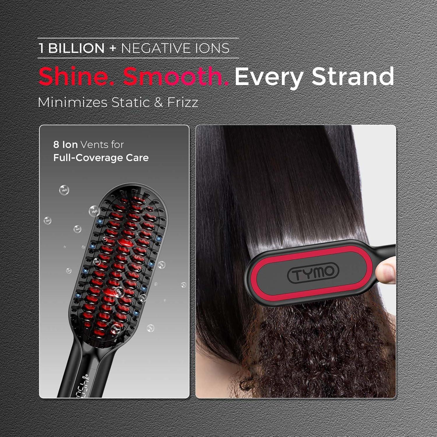 TYMO Hair Straightener Brush – Upgraded Ionic Compact Straightening Brush for Women with Wave-Design Bristles, Fast, Smooth Styling, Lightweight Hot Comb & Travel Flat Iron, 1 Billion Ions, Black(Black)