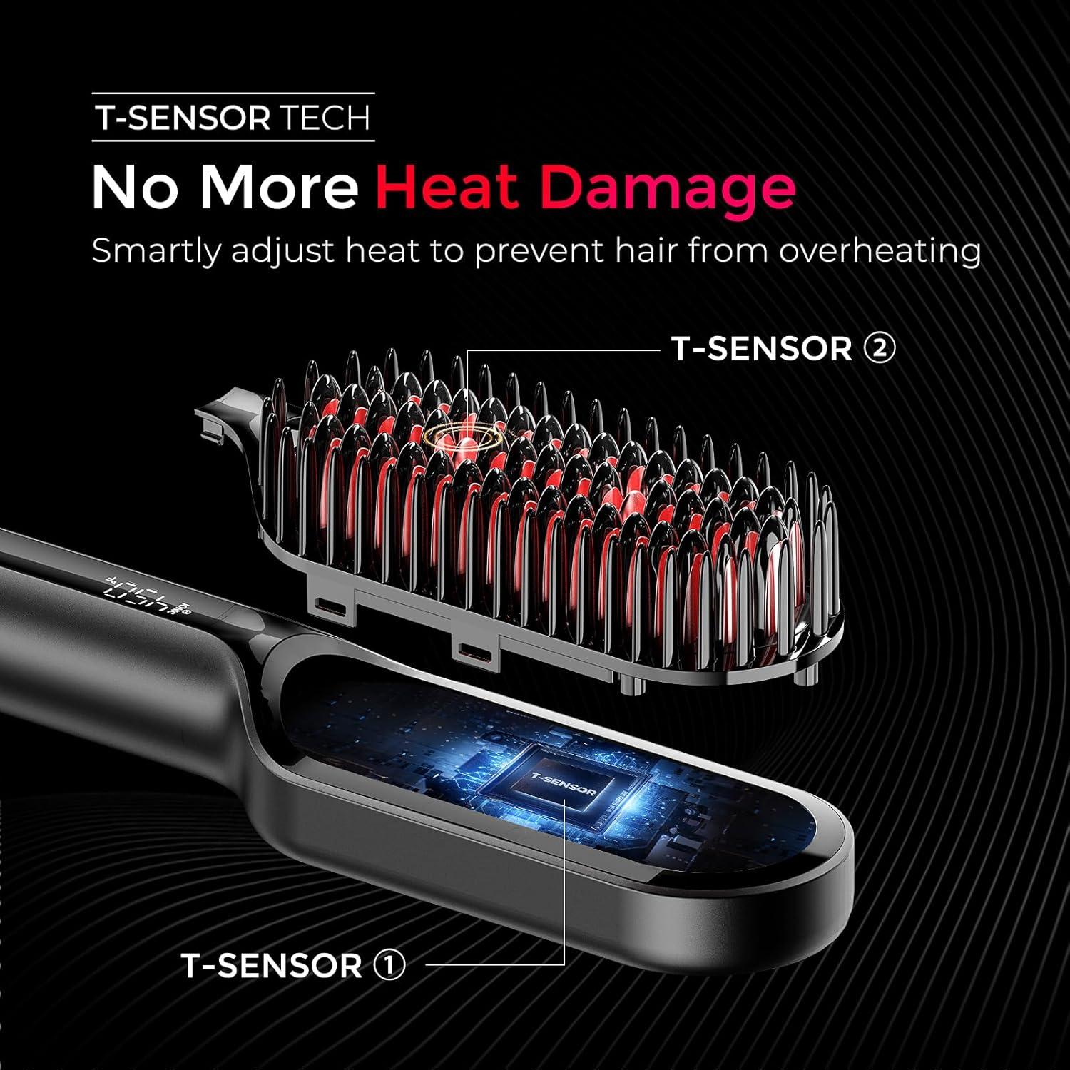 TYMO Hair Straightener Brush – Upgraded Ionic Compact Straightening Brush for Women with Wave-Design Bristles, Fast, Smooth Styling, Lightweight Hot Comb & Travel Flat Iron, 1 Billion Ions, Black(Black)