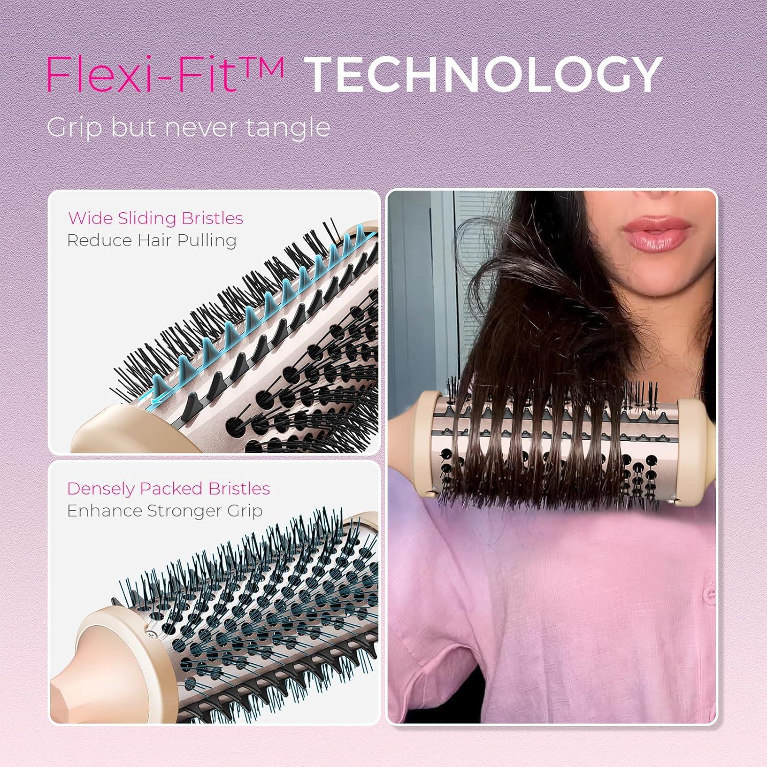 TYMO Thermal Brush Curling Brush – STYLUX 1.7 Inch Blowout Volumizer with Flexi-Fit for Hair Straightening, Heated Round Styler Tool, Hair Straightener and Curler 2 in 1, Dual Voltage, Metallic Gray(Sakura Pink)