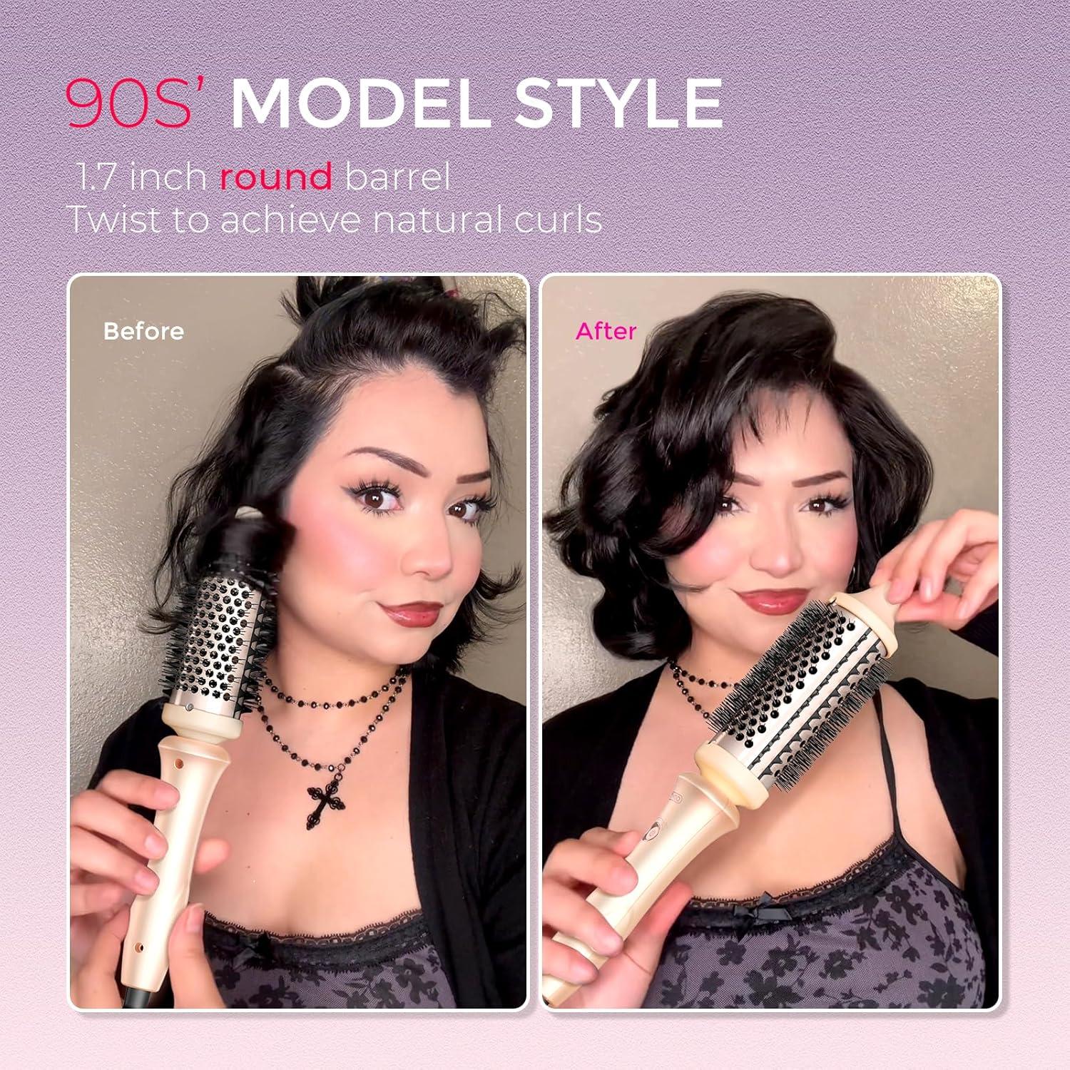 TYMO Thermal Brush Curling Brush – STYLUX 1.7 Inch Blowout Volumizer with Flexi-Fit for Hair Straightening, Heated Round Styler Tool, Hair Straightener and Curler 2 in 1, Dual Voltage, Metallic Gray(Sakura Pink)