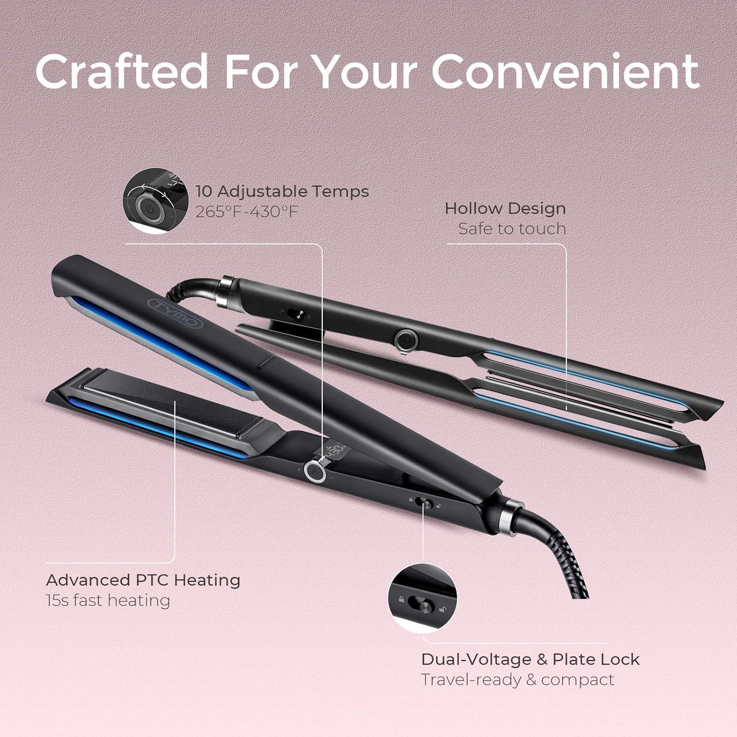 TYMO 2.0 Flat Iron Hair Straightener – Fast Smooth Styling, Long Ceramic Plates 2 in 1 Straightener & Curler, Hair Straighteners for Women with Hollow Design to Boost Curls, 1.1 inch, 500M Ionic
