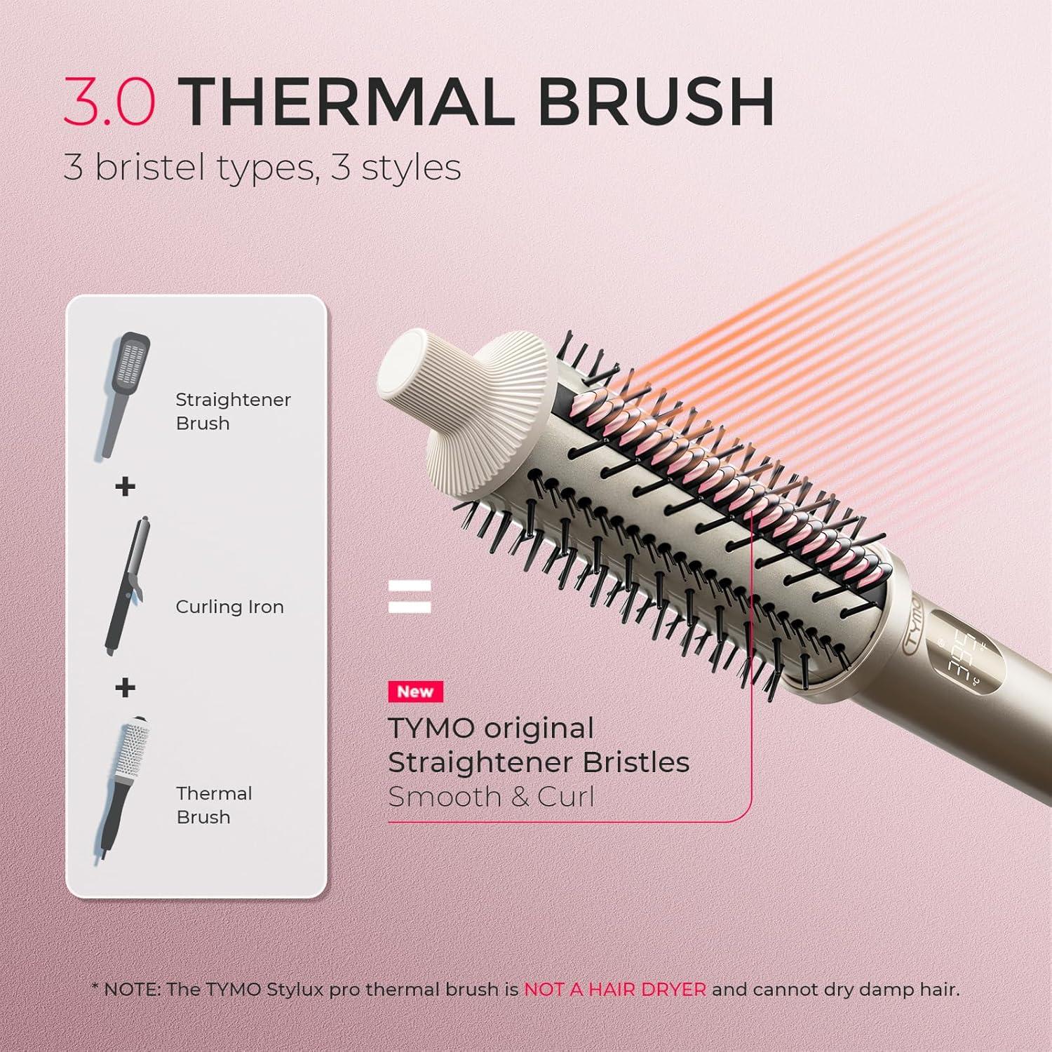 TYMO STYLUX PRO Thermal Brush Curling Brush, 1.5 Inch Blowout Heated Round Volumizer, Hair Straightener and Curler 2 in 1, 800M Negative Ion for Smoother, LCD Display, 5 Temp, Dual Voltage, Gold(Gold)
