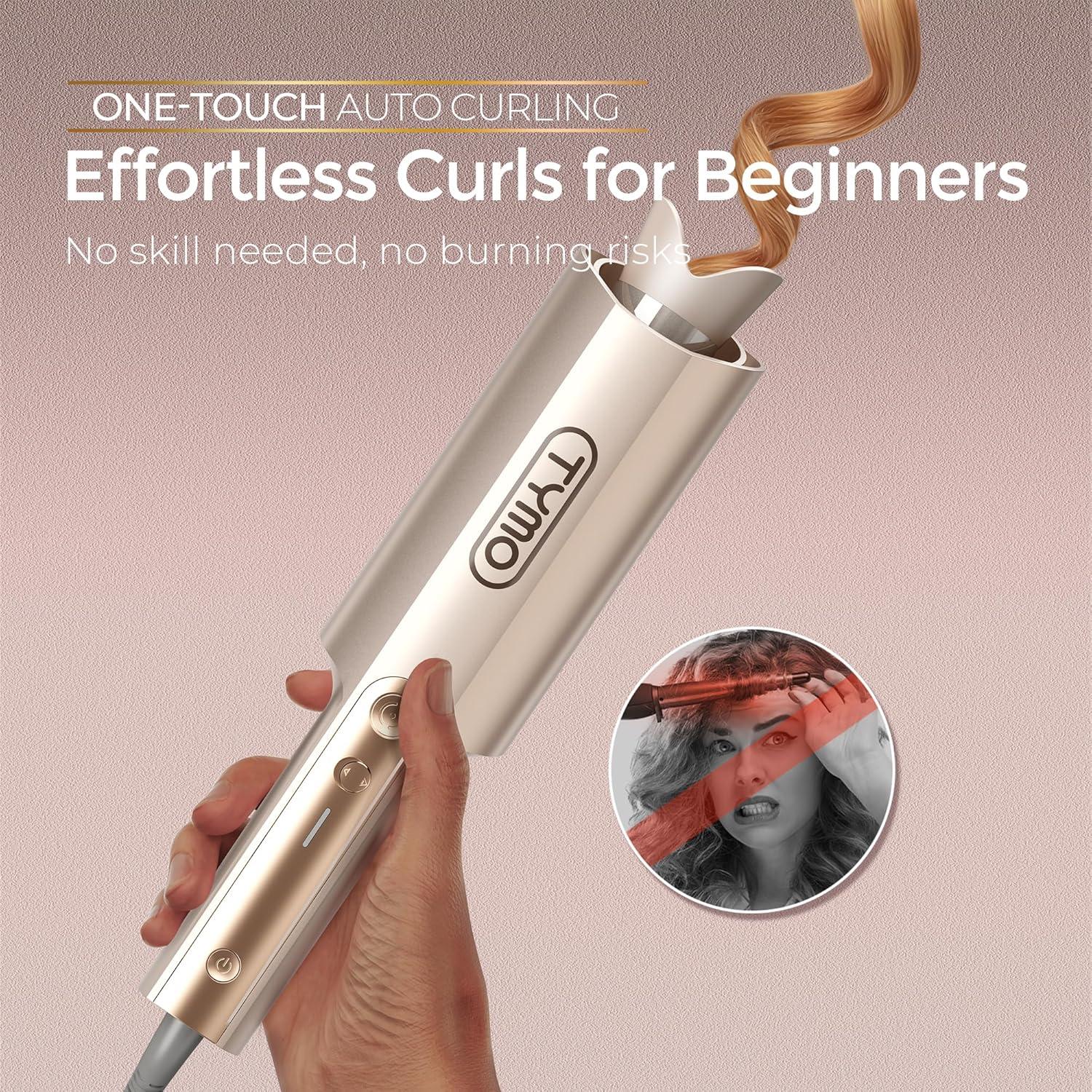TYMO CurlPro Plus Automatic Rotating Curling Iron – Upgraded Long Barrel Curling Wand for Long Hair, Ceramic Hair Curler for Women, Anti-Scald, Tangle-Free, 600M Ionic, Dual Voltage, Gold, 1 1/2 Inch(Gold)