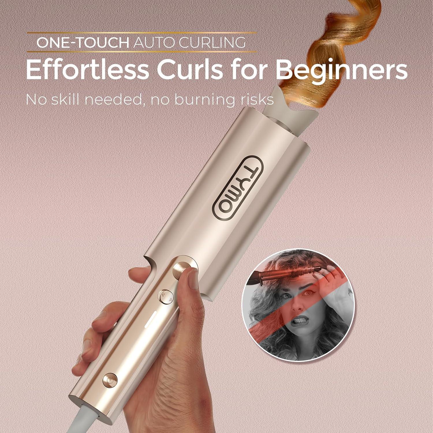 TYMO CurlPro Plus Automatic Rotating Curling Iron – Upgraded Long Barrel Curling Wand for Long Hair, Ceramic Hair Curler for Women, Anti-Scald, Tangle-Free, 600M Ionic, Dual Voltage, Gold, 1 1/2 Inch(Gold)