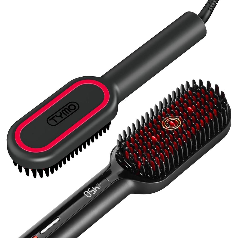 TYMO Hair Straightener Brush – Upgraded Ionic Plus Straightening Brush with Dense Bristles, 16 Temps, Dual Voltage | Ceramic Hot Comb for Women | Flat Iron for Thick Curly Hair, Black(Black)