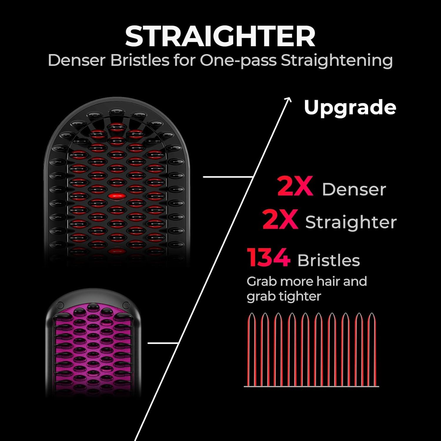 TYMO Hair Straightener Brush – Upgraded Ionic Plus Straightening Brush with Dense Bristles, 16 Temps, Dual Voltage | Ceramic Hot Comb for Women | Flat Iron for Thick Curly Hair, Black(Black)