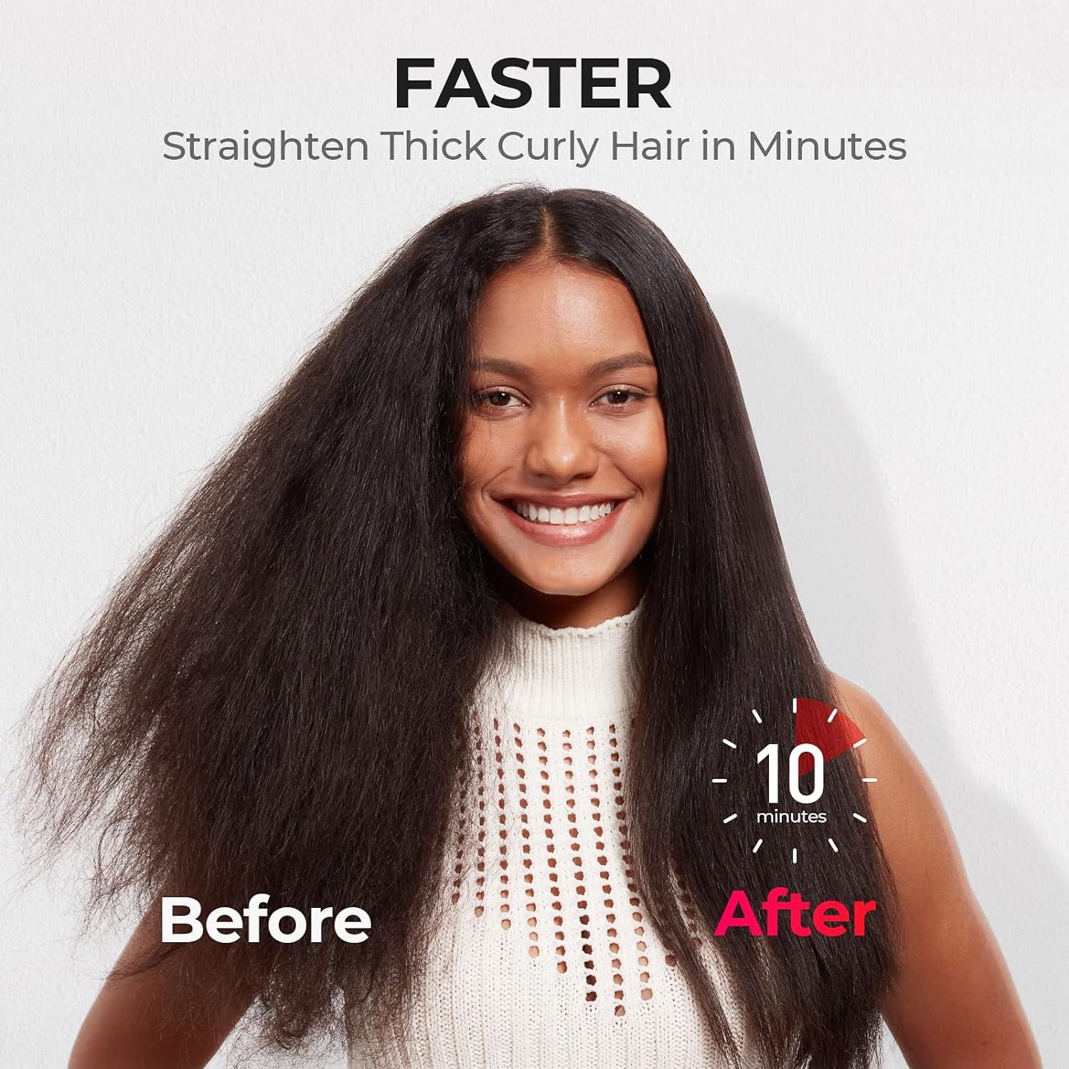 TYMO Hair Straightener Brush – Upgraded Ionic Plus Straightening Brush with Dense Bristles, 16 Temps, Dual Voltage | Ceramic Hot Comb for Women | Flat Iron for Thick Curly Hair, Black(Black)