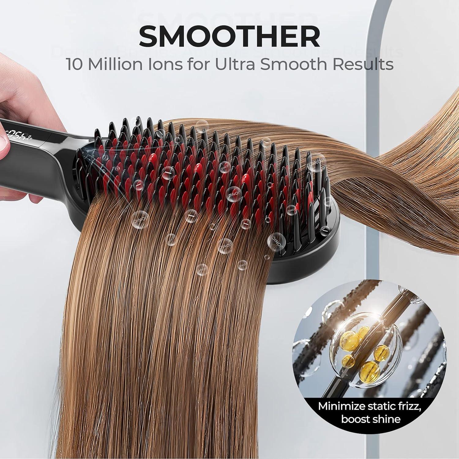 TYMO Hair Straightener Brush – Upgraded Ionic Plus Straightening Brush with Dense Bristles, 16 Temps, Dual Voltage | Ceramic Hot Comb for Women | Flat Iron for Thick Curly Hair, Black(Black)