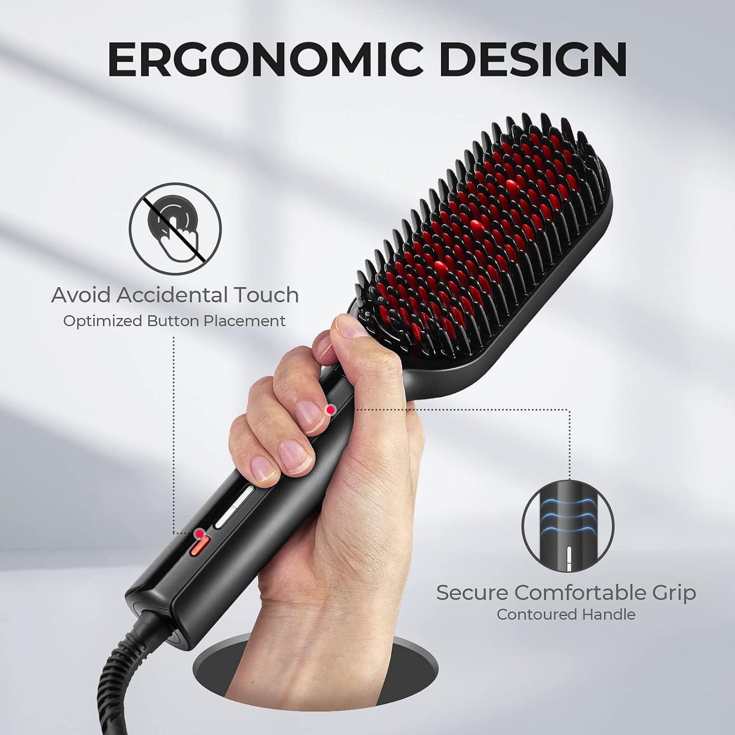 TYMO Hair Straightener Brush – Upgraded Ionic Plus Straightening Brush with Dense Bristles, 16 Temps, Dual Voltage | Ceramic Hot Comb for Women | Flat Iron for Thick Curly Hair, Black(Black)