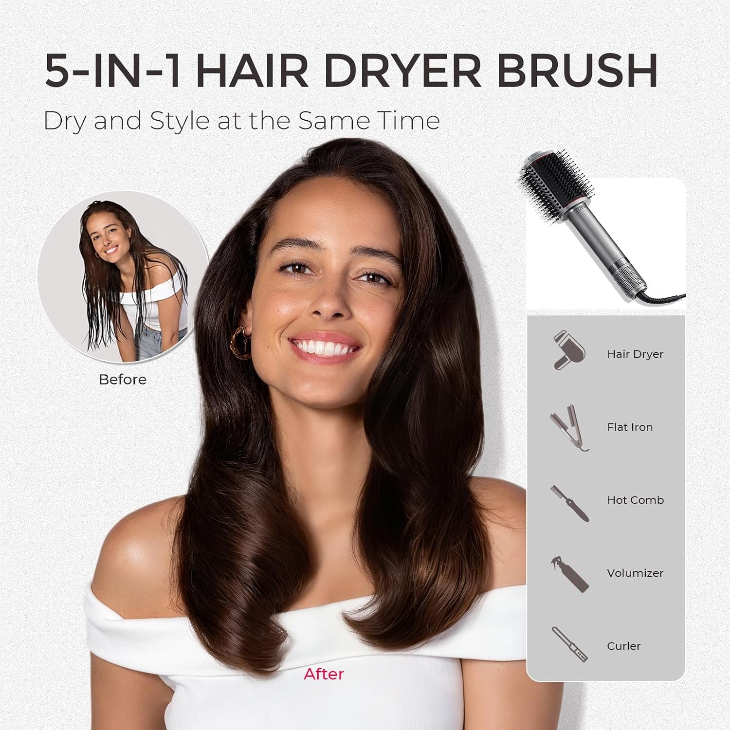 TYMO 4.0 Hair Blow Dryer Brush – Lightweight 3X Faster Drying 5-in-1 Ionic Blowout Hair Dryer Brush Adds Shine, Volume & Fullness for Smooth, Anti-Frizz Straight, Curl & Blowout Styles, Gold(Metal Grey)