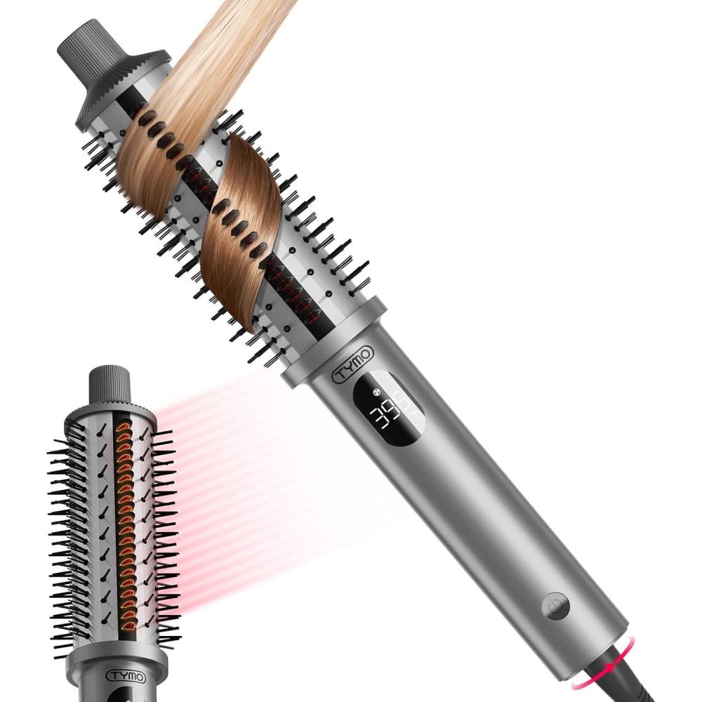 TYMO STYLUX PRO Thermal Brush Curling Brush, 1.5 Inch Blowout Heated Round Volumizer, Hair Straightener and Curler 2 in 1, 800M Negative Ion for Smoother, LCD Display, 5 Temp, Dual Voltage, Gray(Gray)