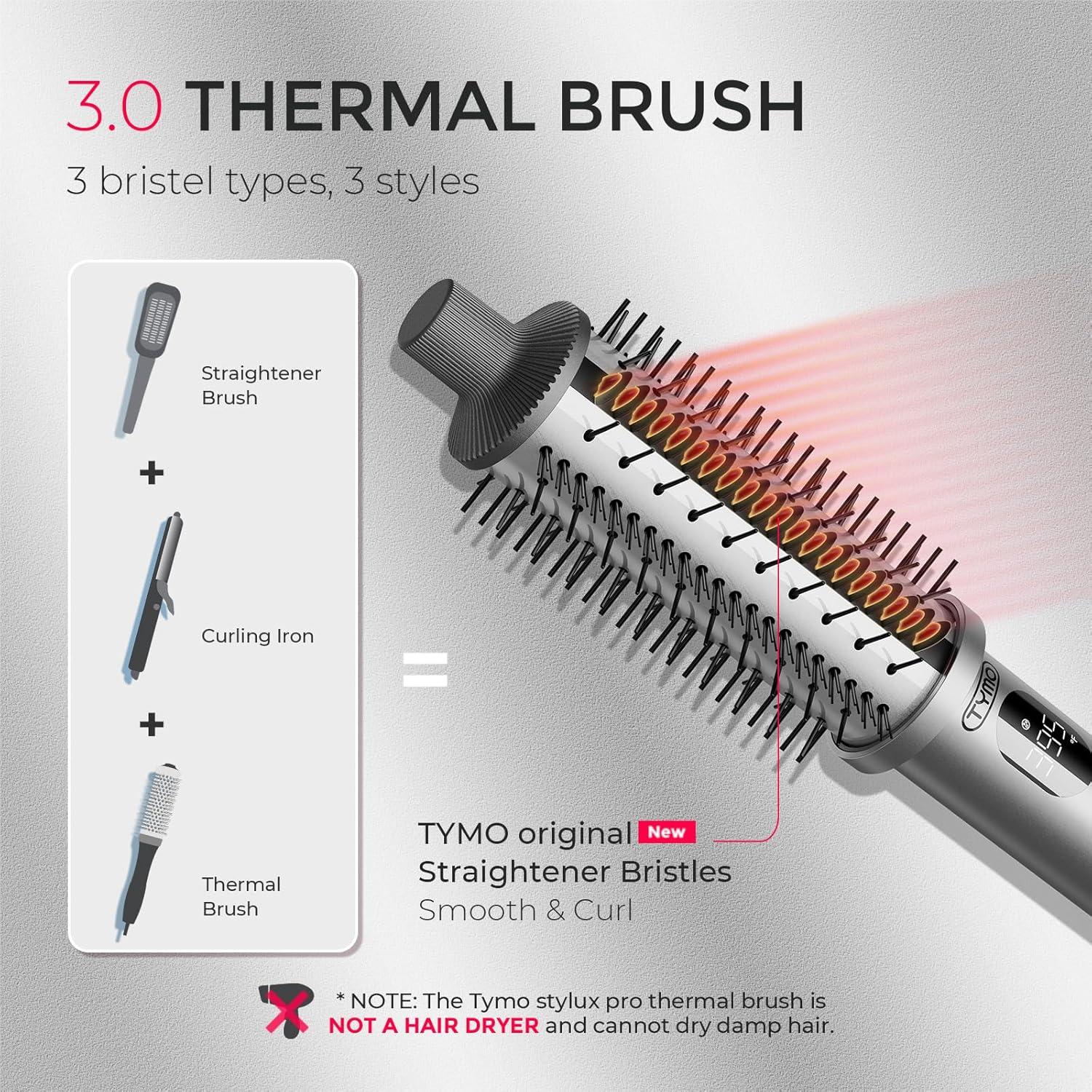 TYMO STYLUX PRO Thermal Brush Curling Brush, 1.5 Inch Blowout Heated Round Volumizer, Hair Straightener and Curler 2 in 1, 800M Negative Ion for Smoother, LCD Display, 5 Temp, Dual Voltage, Gray(Gray)