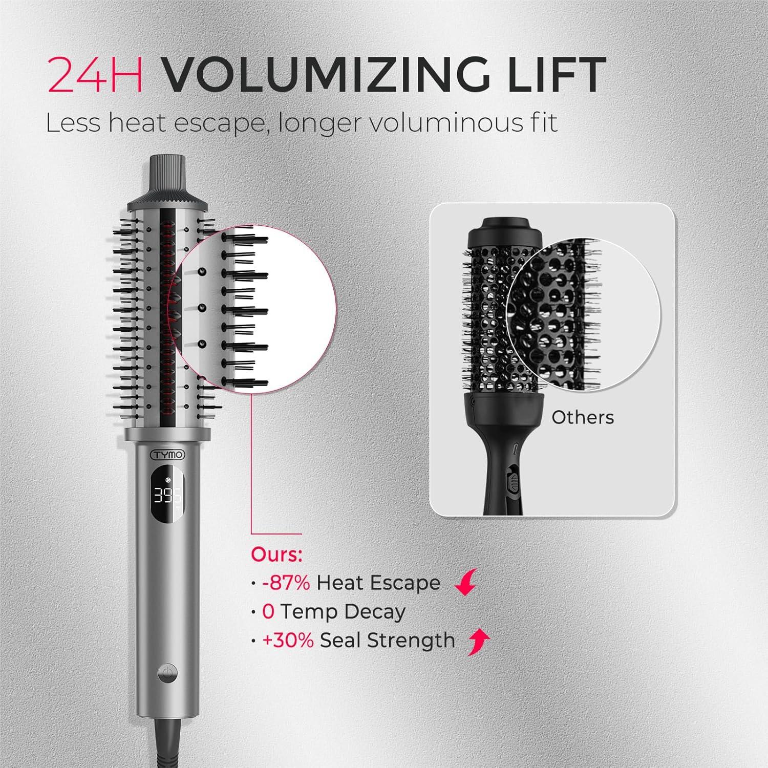 TYMO STYLUX PRO Thermal Brush Curling Brush, 1.5 Inch Blowout Heated Round Volumizer, Hair Straightener and Curler 2 in 1, 800M Negative Ion for Smoother, LCD Display, 5 Temp, Dual Voltage, Gray(Gray)
