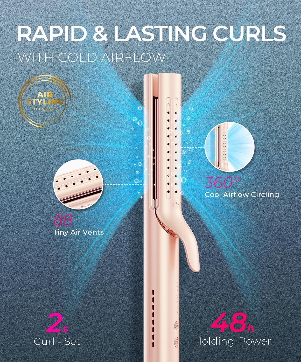 TYMO Airflow 2.0 Curling Iron Flat Iron – Hair Straightener and Curler 2 in 1, 1.25 Inch Curling Wand for Long Short Hair, Dual Voltage for Travel, 54 Million Ionic, Anti-Tangle, 5 Temps, Black(Gold Blush)