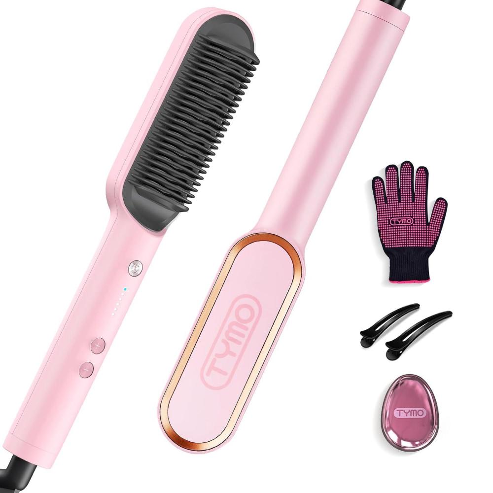 Hair Straightener Brush, TYMO Ring Hair Straightener Comb Straightening Brush for Women with 5 Temps 20s Fast Heating & Dual Voltage, Black(Pink)