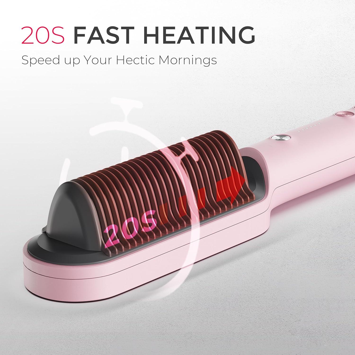 Hair Straightener Brush, TYMO Ring Hair Straightener Comb Straightening Brush for Women with 5 Temps 20s Fast Heating & Dual Voltage, Black(Pink)