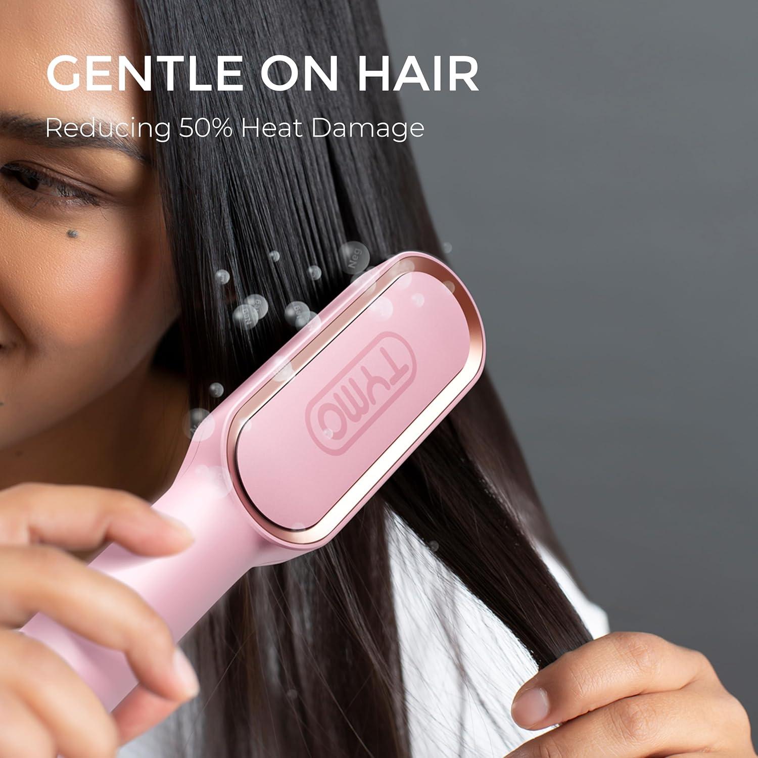 Hair Straightener Brush, TYMO Ring Hair Straightener Comb Straightening Brush for Women with 5 Temps 20s Fast Heating & Dual Voltage, Black(Pink)