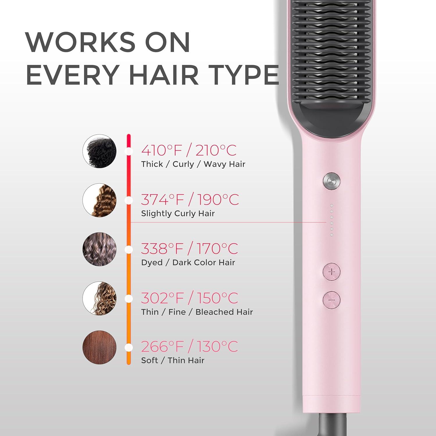 Hair Straightener Brush, TYMO Ring Hair Straightener Comb Straightening Brush for Women with 5 Temps 20s Fast Heating & Dual Voltage, Black(Pink)