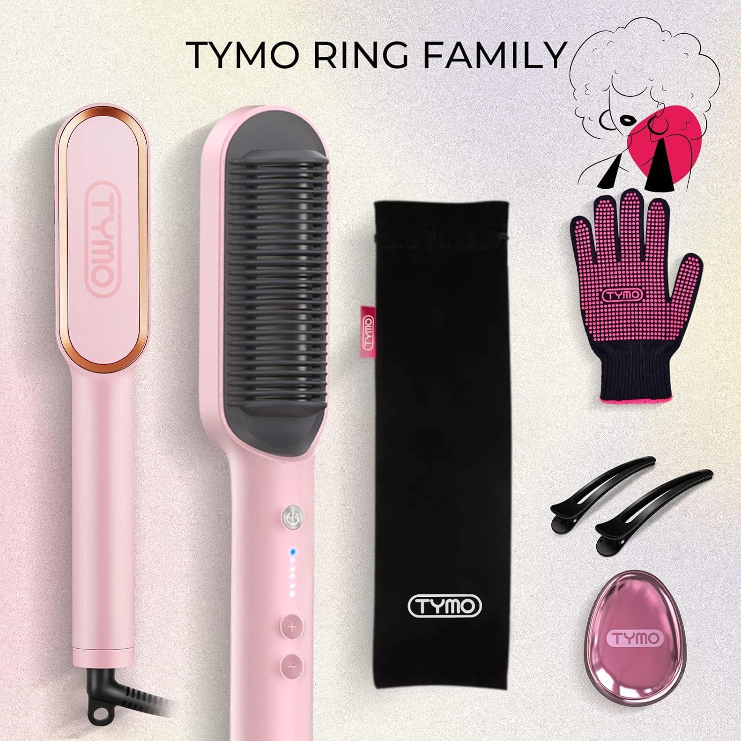 Hair Straightener Brush, TYMO Ring Hair Straightener Comb Straightening Brush for Women with 5 Temps 20s Fast Heating & Dual Voltage, Black(Pink)