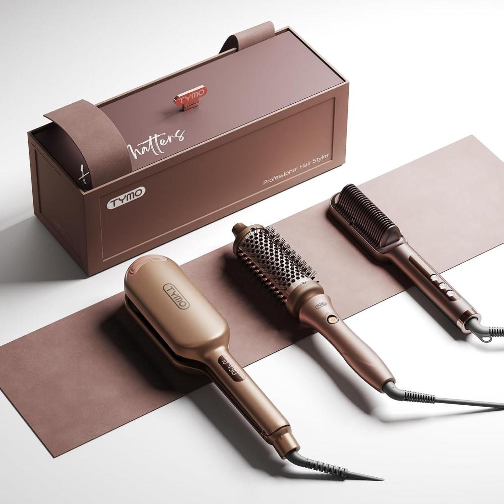 TYMO Limited Edition Styling Set – Include TYMO ROVY Hair Crimper Wave Curling Iron & Ring Plus Straightener Brush & STYLUX Thermal Brush, 3 in 1 Ionic Hair Curler Tool Set for Women