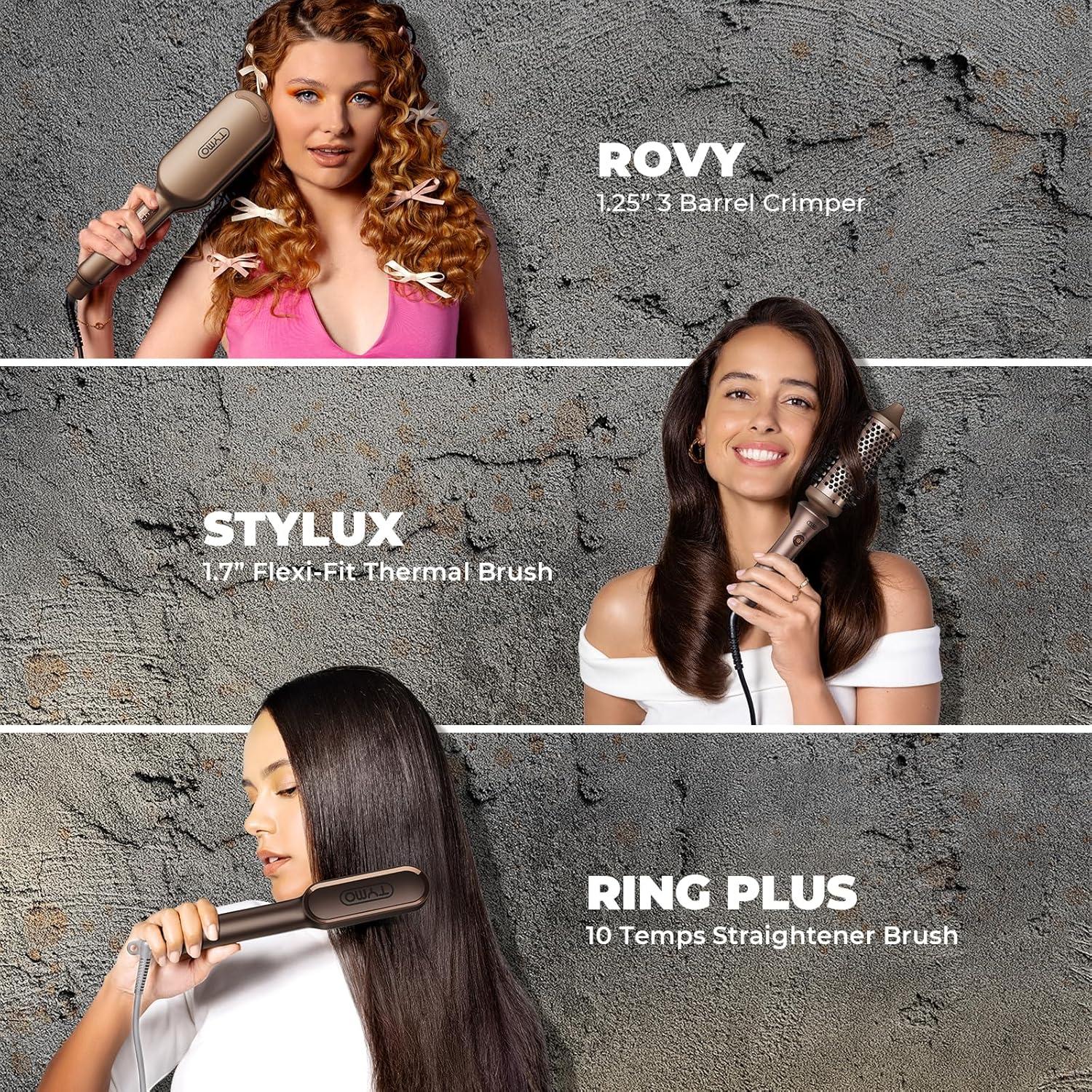 TYMO Limited Edition Styling Set – Include TYMO ROVY Hair Crimper Wave Curling Iron & Ring Plus Straightener Brush & STYLUX Thermal Brush, 3 in 1 Ionic Hair Curler Tool Set for Women