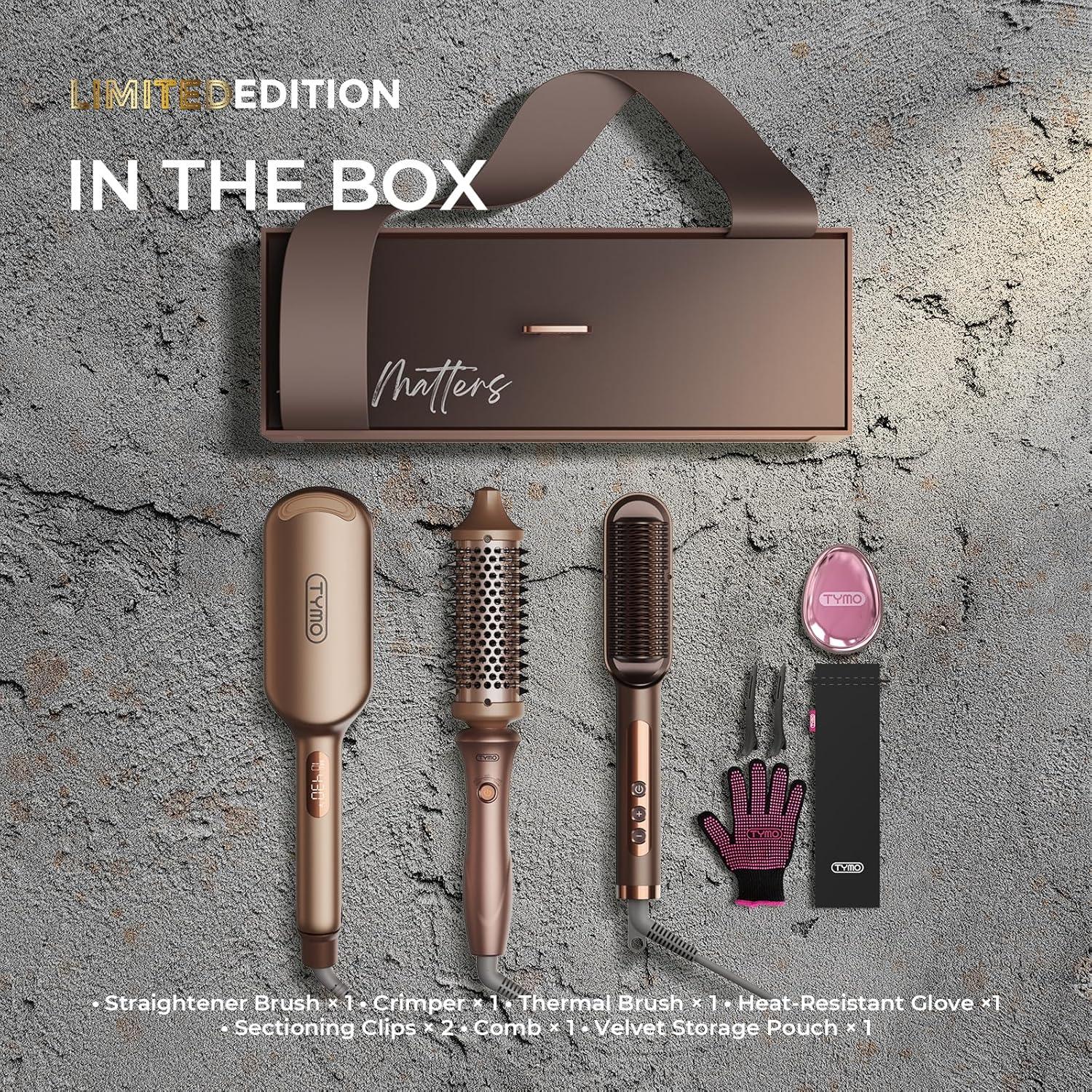 TYMO Limited Edition Styling Set – Include TYMO ROVY Hair Crimper Wave Curling Iron & Ring Plus Straightener Brush & STYLUX Thermal Brush, 3 in 1 Ionic Hair Curler Tool Set for Women