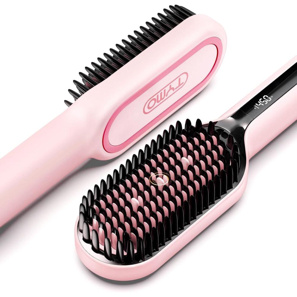 TYMO Hair Straightener Brush – Upgraded Ionic Plus Straightening Brush with Dense Bristles, 16 Temps, Dual Voltage | Ceramic Hot Comb for Women | Flat Iron for Thick Curly Hair, Black(Pink)