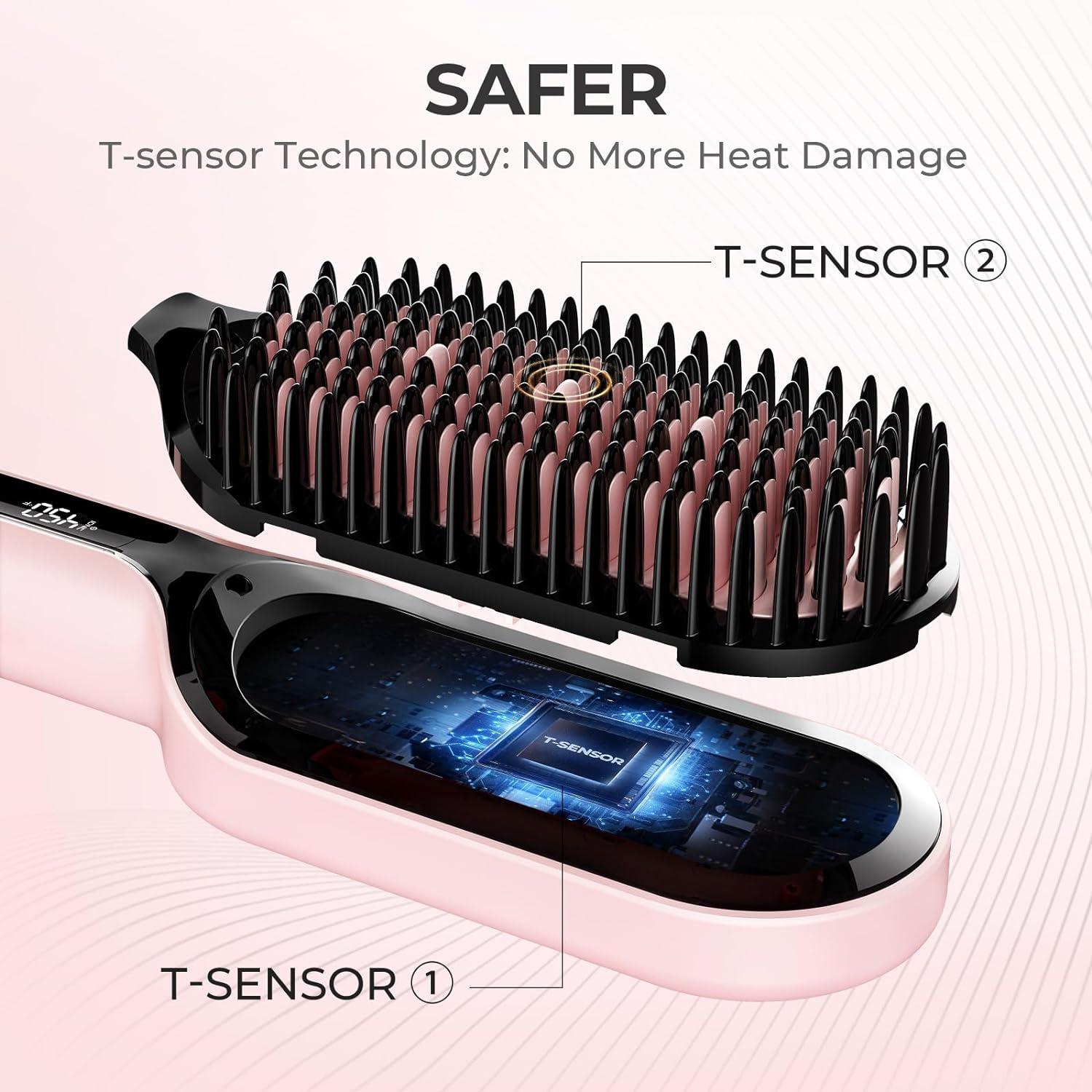 TYMO Hair Straightener Brush – Upgraded Ionic Plus Straightening Brush with Dense Bristles, 16 Temps, Dual Voltage | Ceramic Hot Comb for Women | Flat Iron for Thick Curly Hair, Black(Pink)