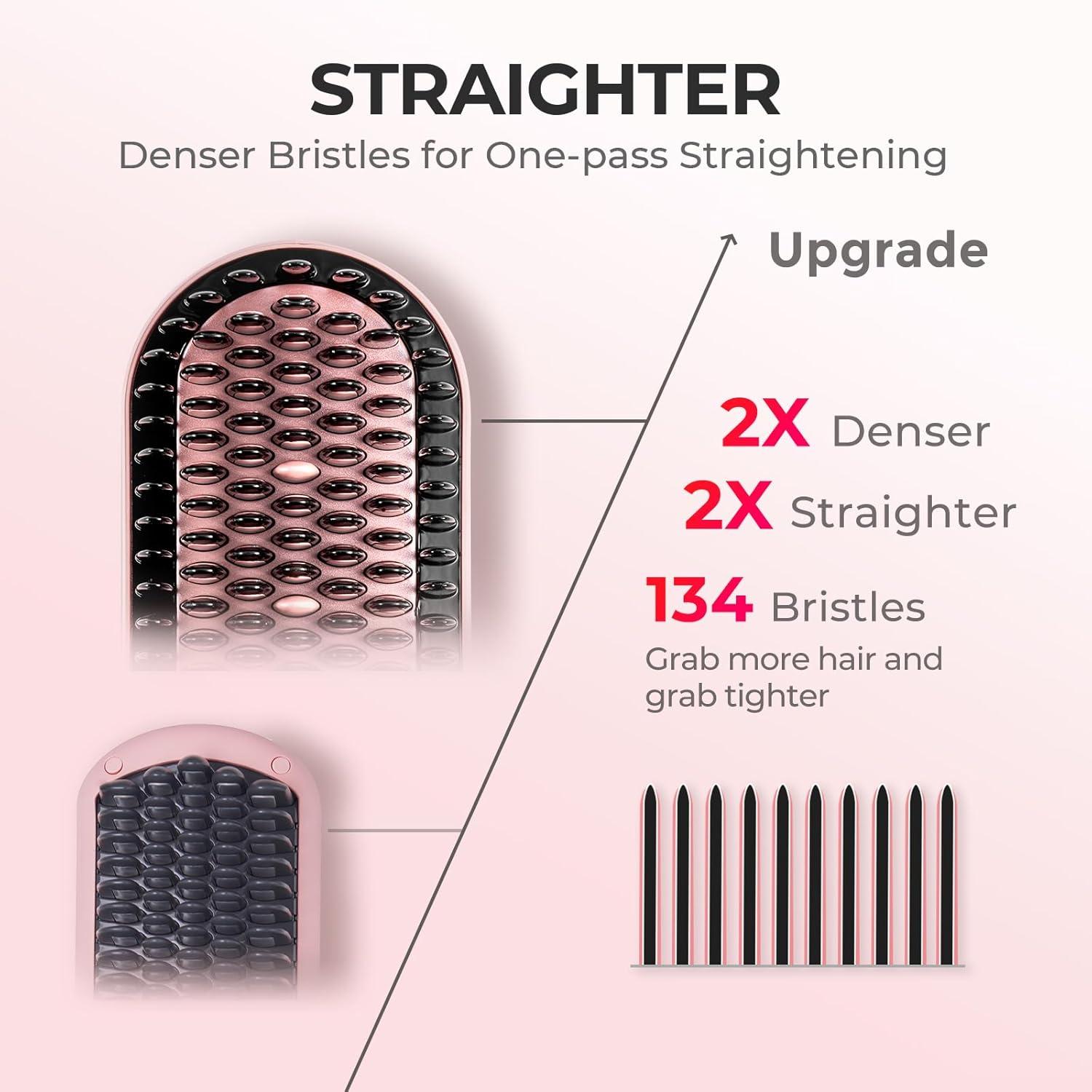 TYMO Hair Straightener Brush – Upgraded Ionic Plus Straightening Brush with Dense Bristles, 16 Temps, Dual Voltage | Ceramic Hot Comb for Women | Flat Iron for Thick Curly Hair, Black(Pink)