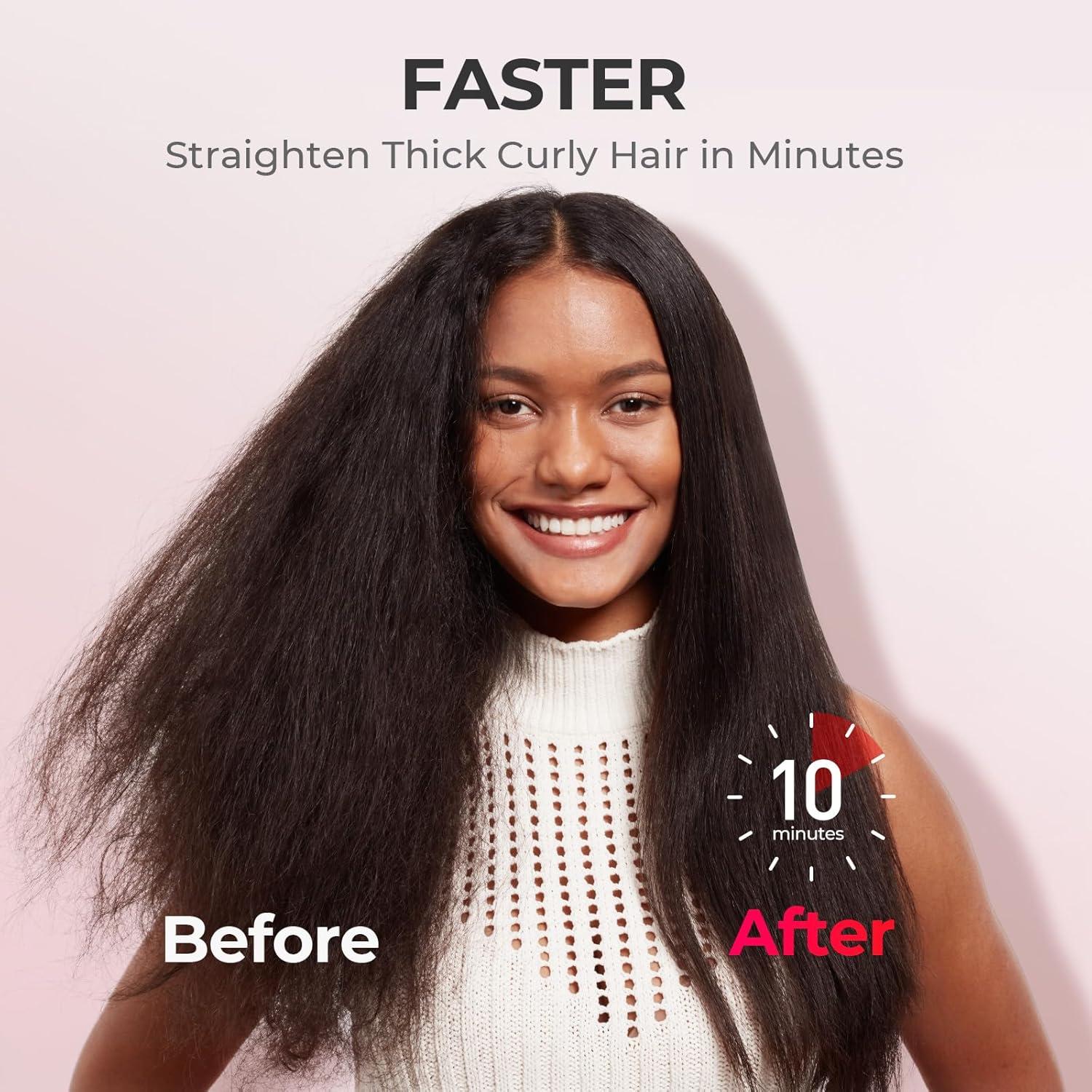 TYMO Hair Straightener Brush – Upgraded Ionic Plus Straightening Brush with Dense Bristles, 16 Temps, Dual Voltage | Ceramic Hot Comb for Women | Flat Iron for Thick Curly Hair, Black(Pink)